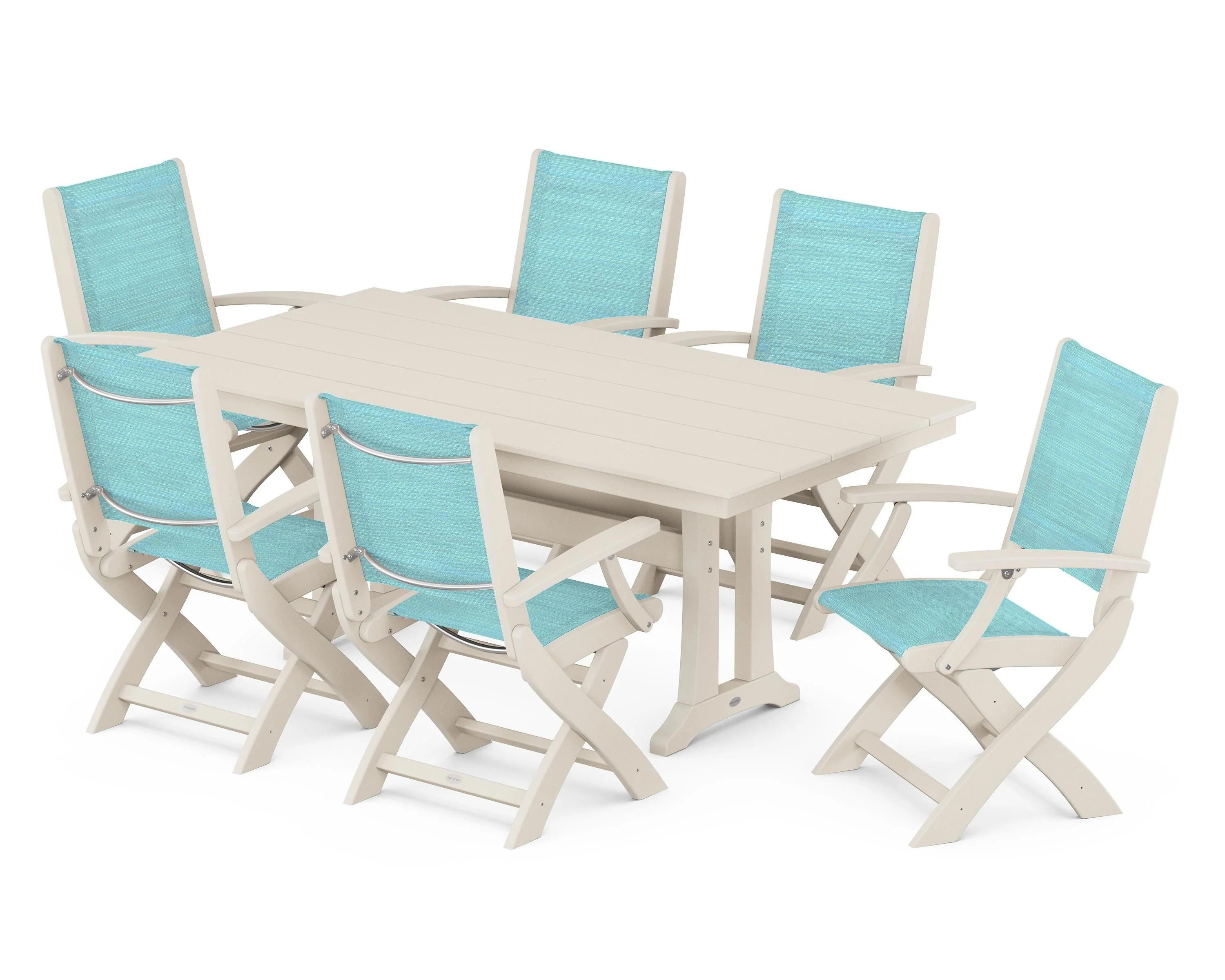Coastal Folding Arm Chair 7-Piece Farmhouse Dining Set with Trestle Legs - Image 112