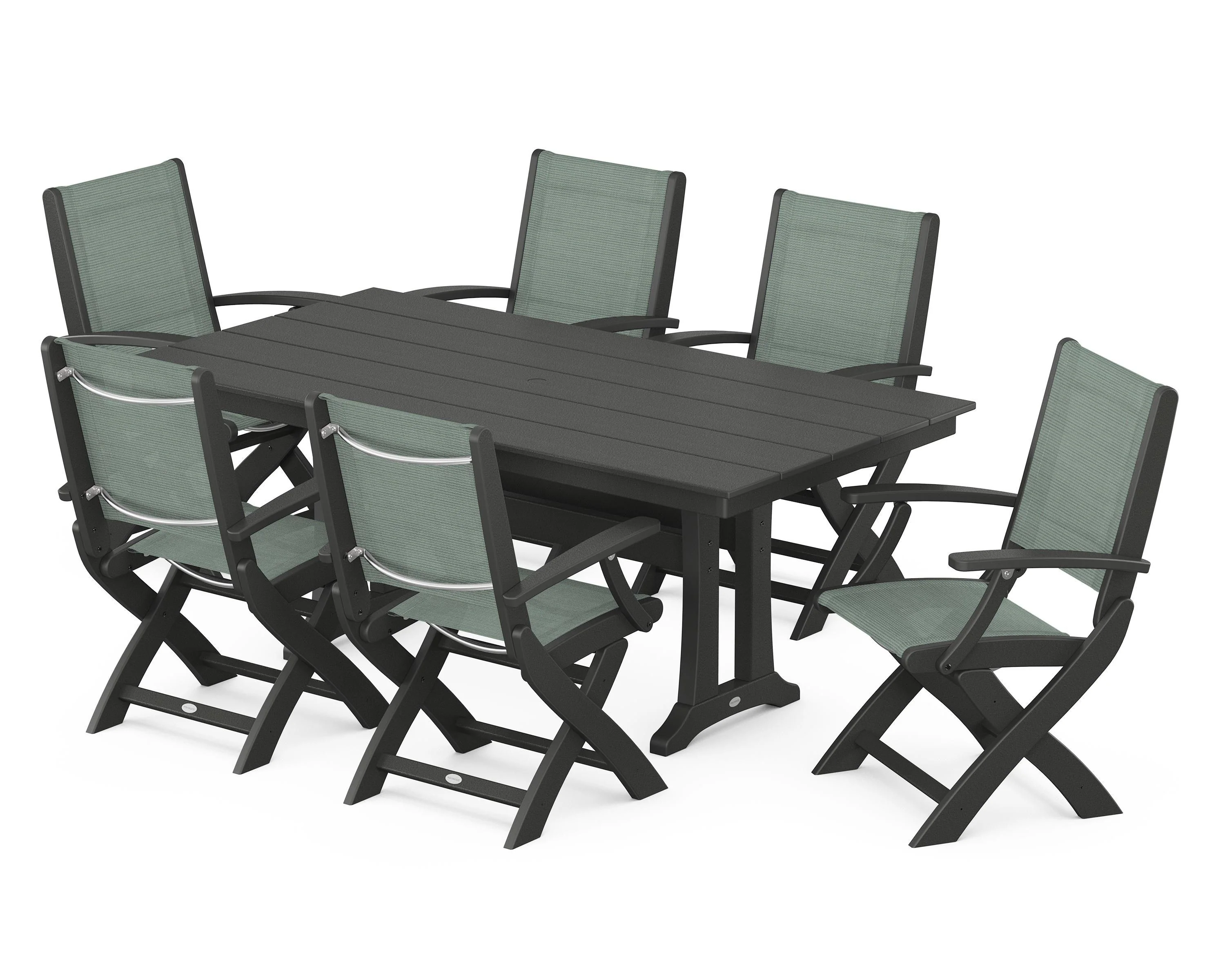 Coastal Folding Arm Chair 7-Piece Farmhouse Dining Set with Trestle Legs - Image 113