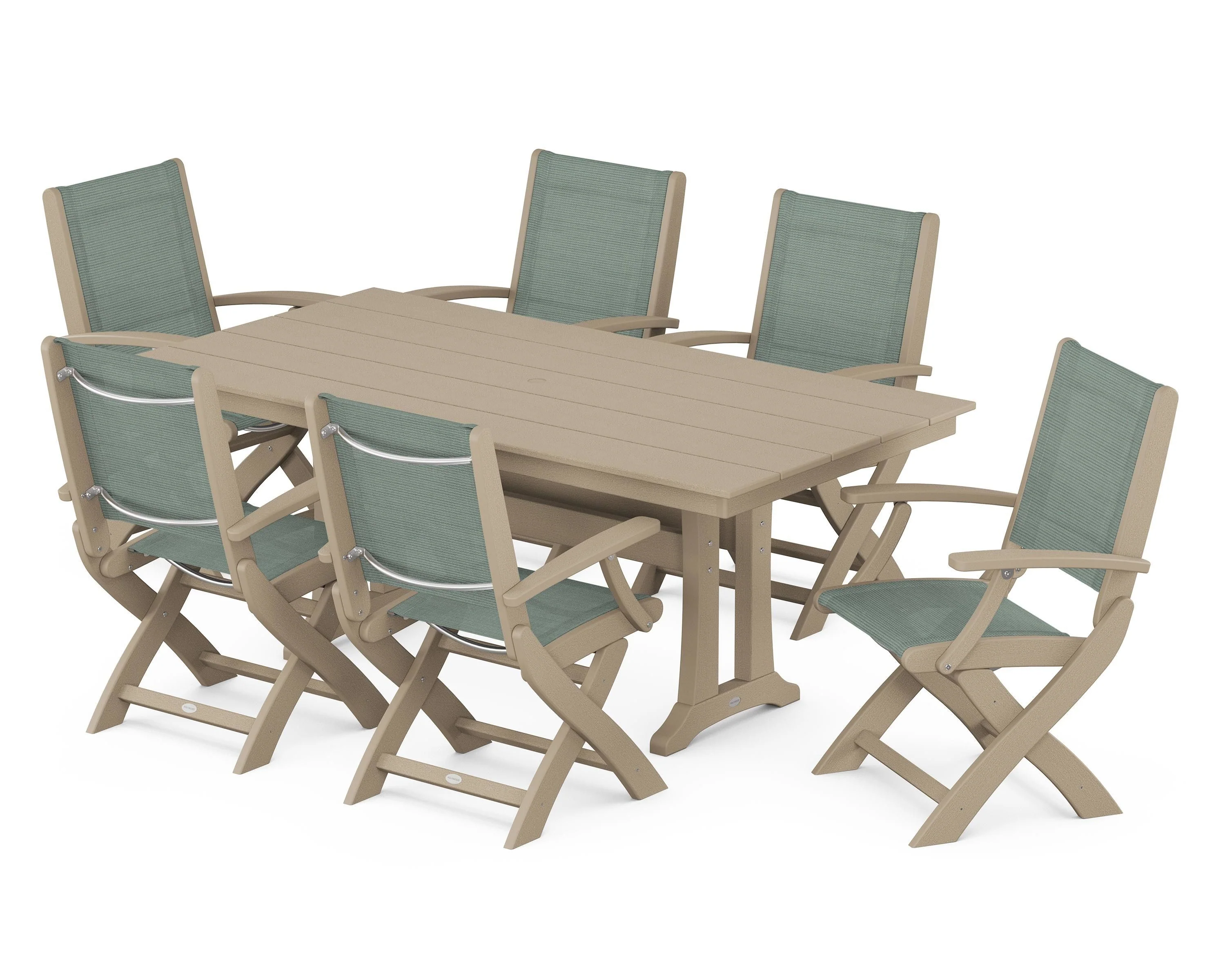 Coastal Folding Arm Chair 7-Piece Farmhouse Dining Set with Trestle Legs - Image 116