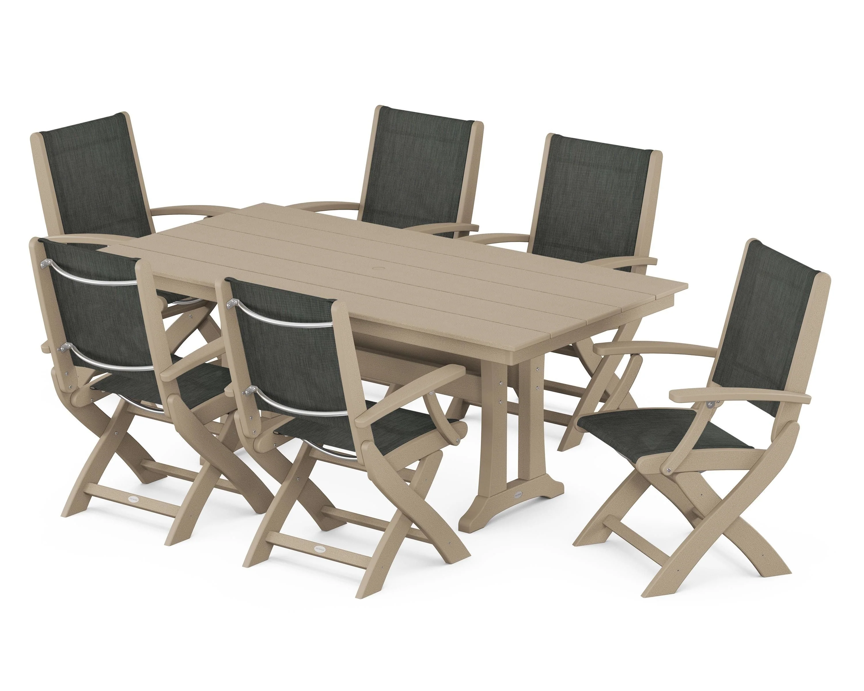 Coastal Folding Arm Chair 7-Piece Farmhouse Dining Set with Trestle Legs - Image 121