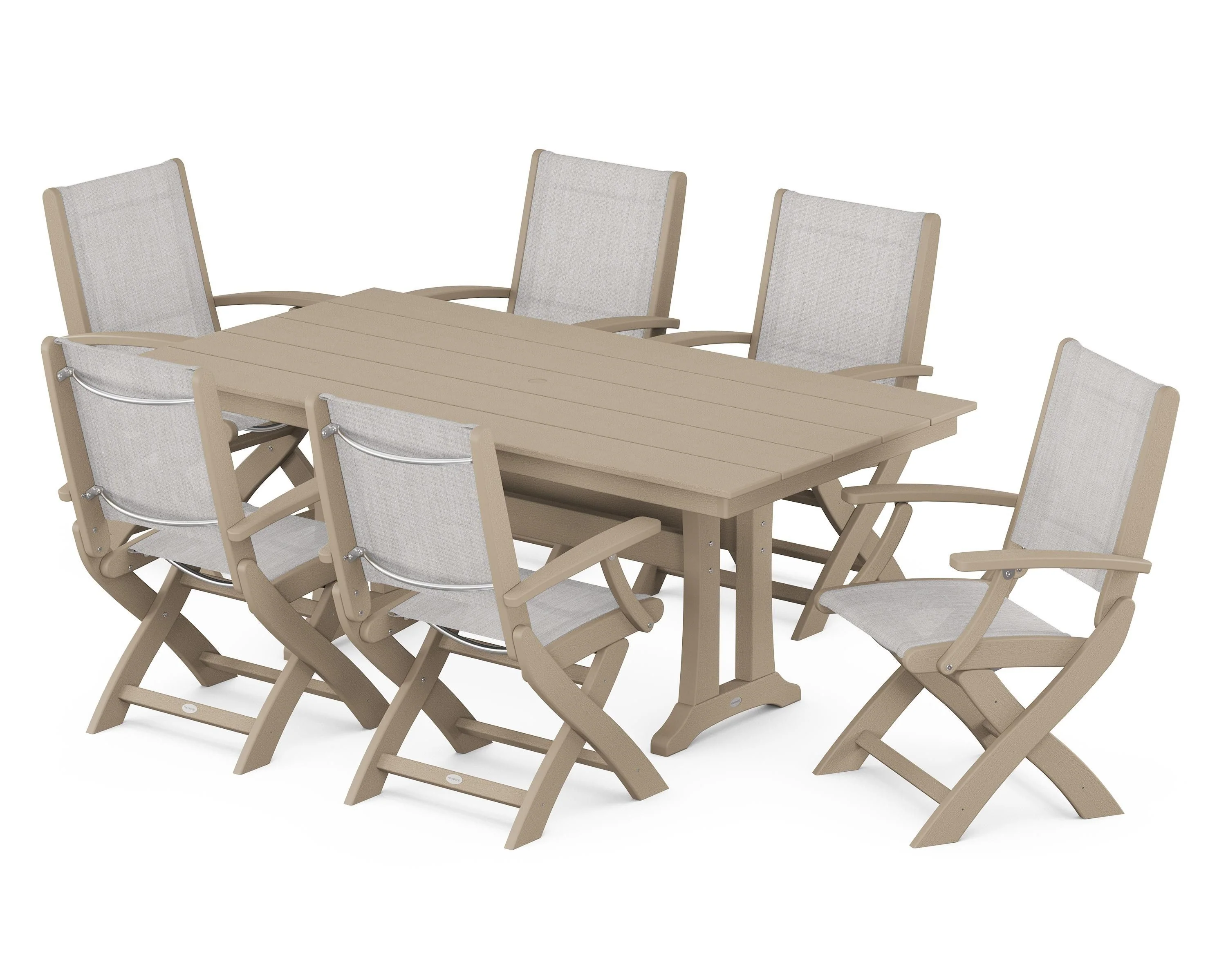 Coastal Folding Arm Chair 7-Piece Farmhouse Dining Set with Trestle Legs - Image 14