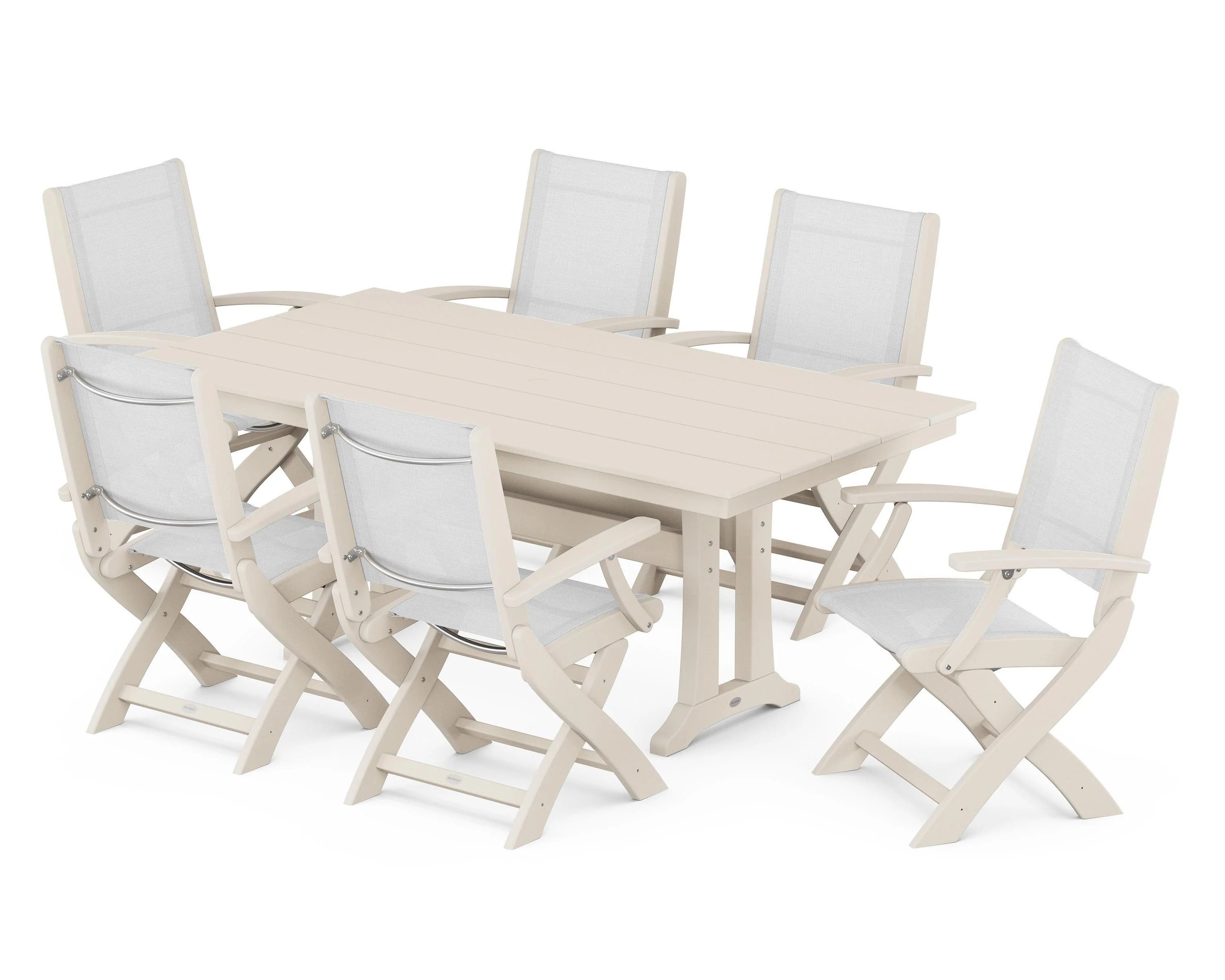 Coastal Folding Arm Chair 7-Piece Farmhouse Dining Set with Trestle Legs - Image 18