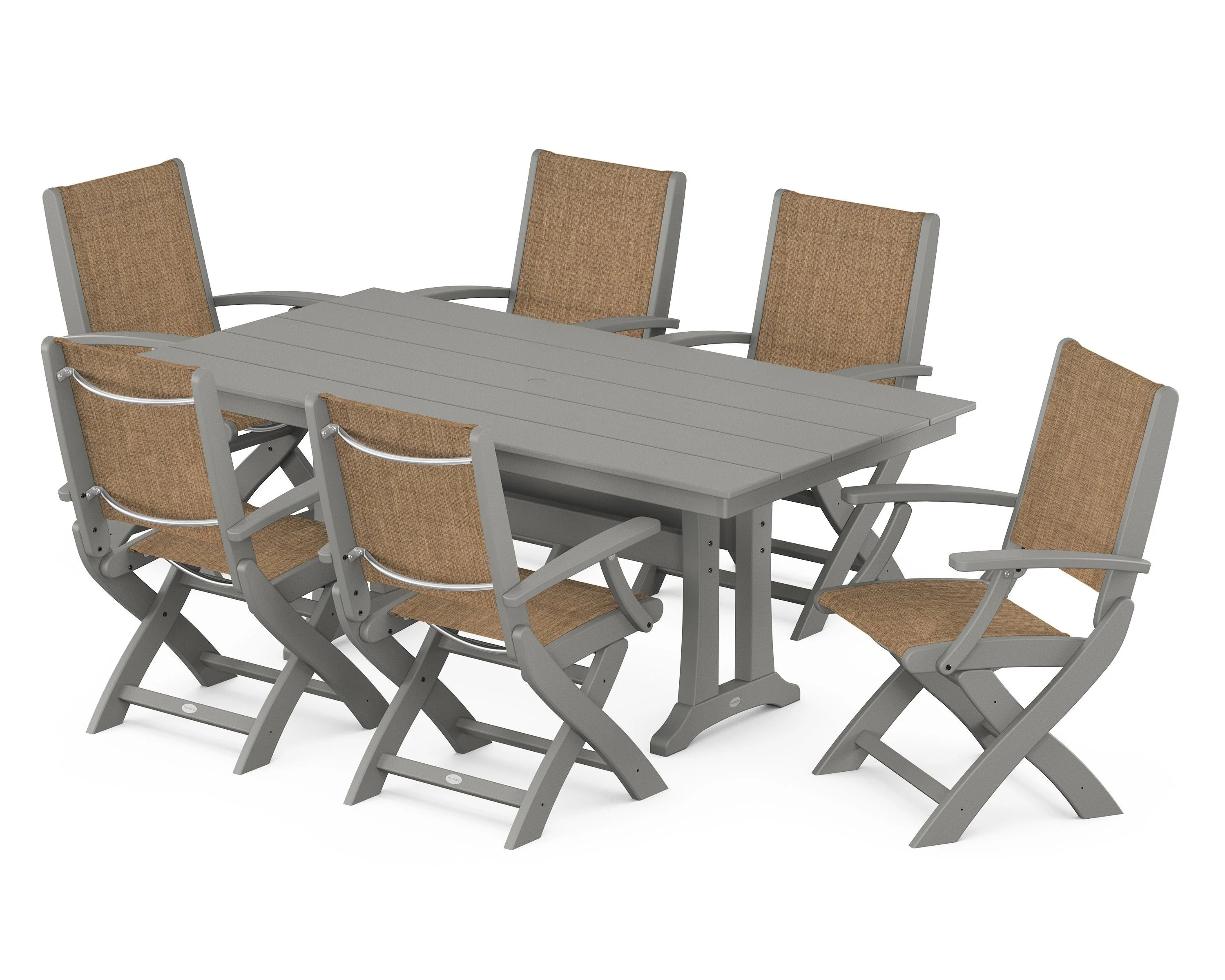Coastal Folding Arm Chair 7-Piece Farmhouse Dining Set with Trestle Legs - Image 20