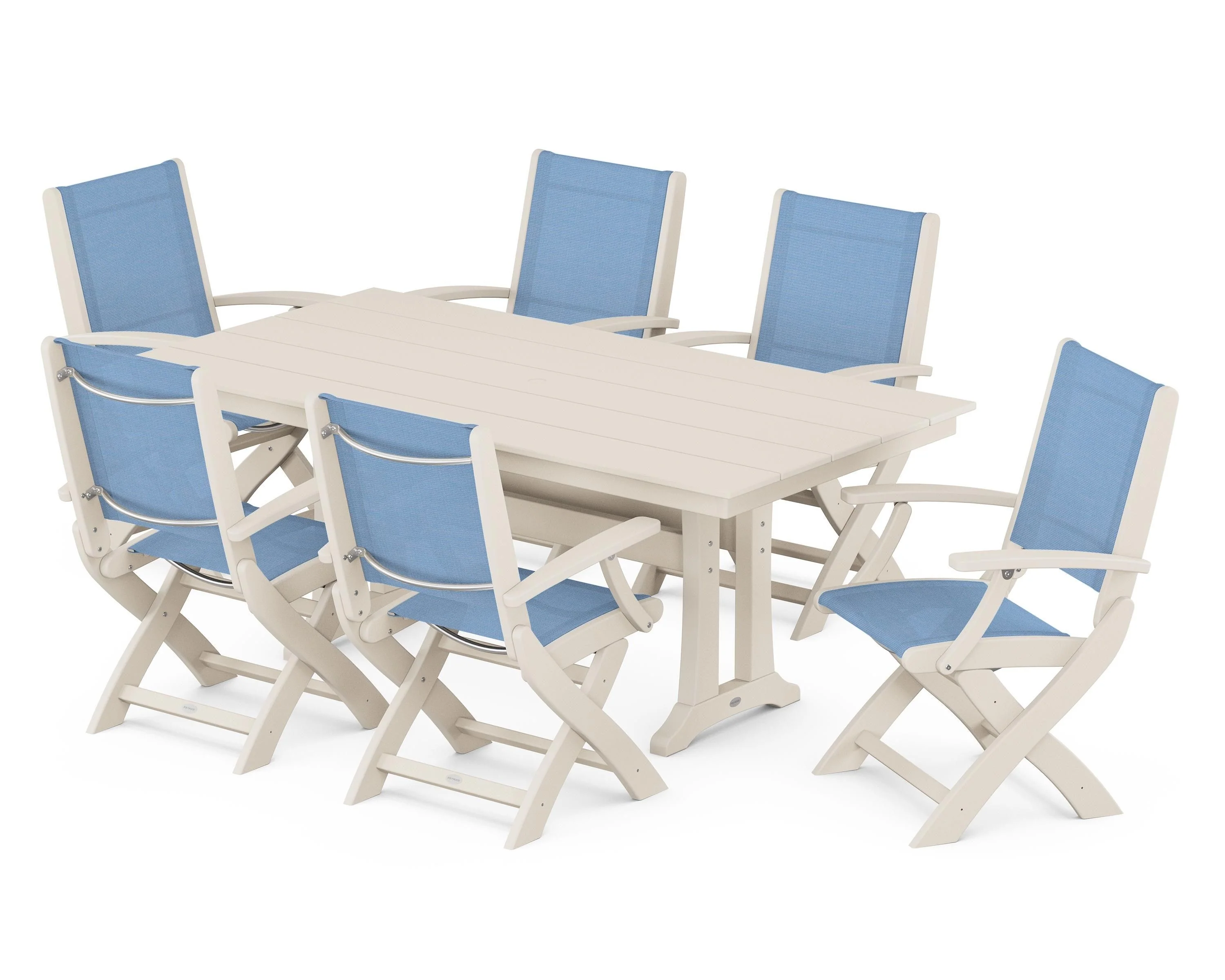 Coastal Folding Arm Chair 7-Piece Farmhouse Dining Set with Trestle Legs - Image 22