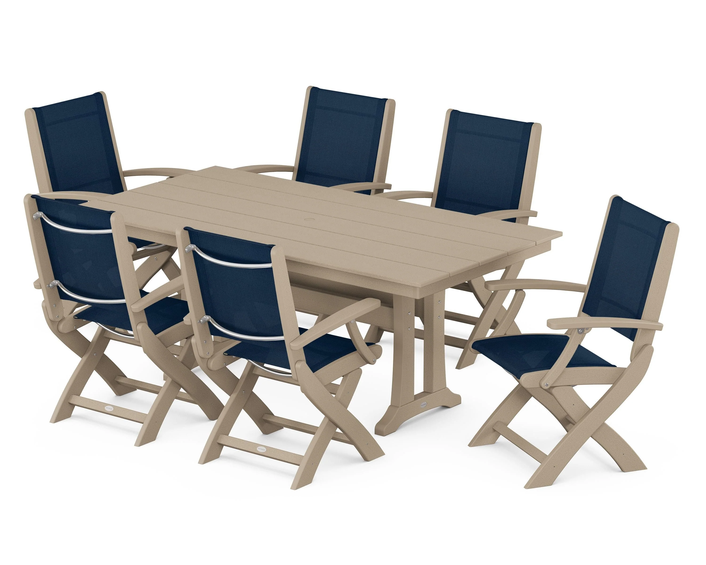 Coastal Folding Arm Chair 7-Piece Farmhouse Dining Set with Trestle Legs - Image 32