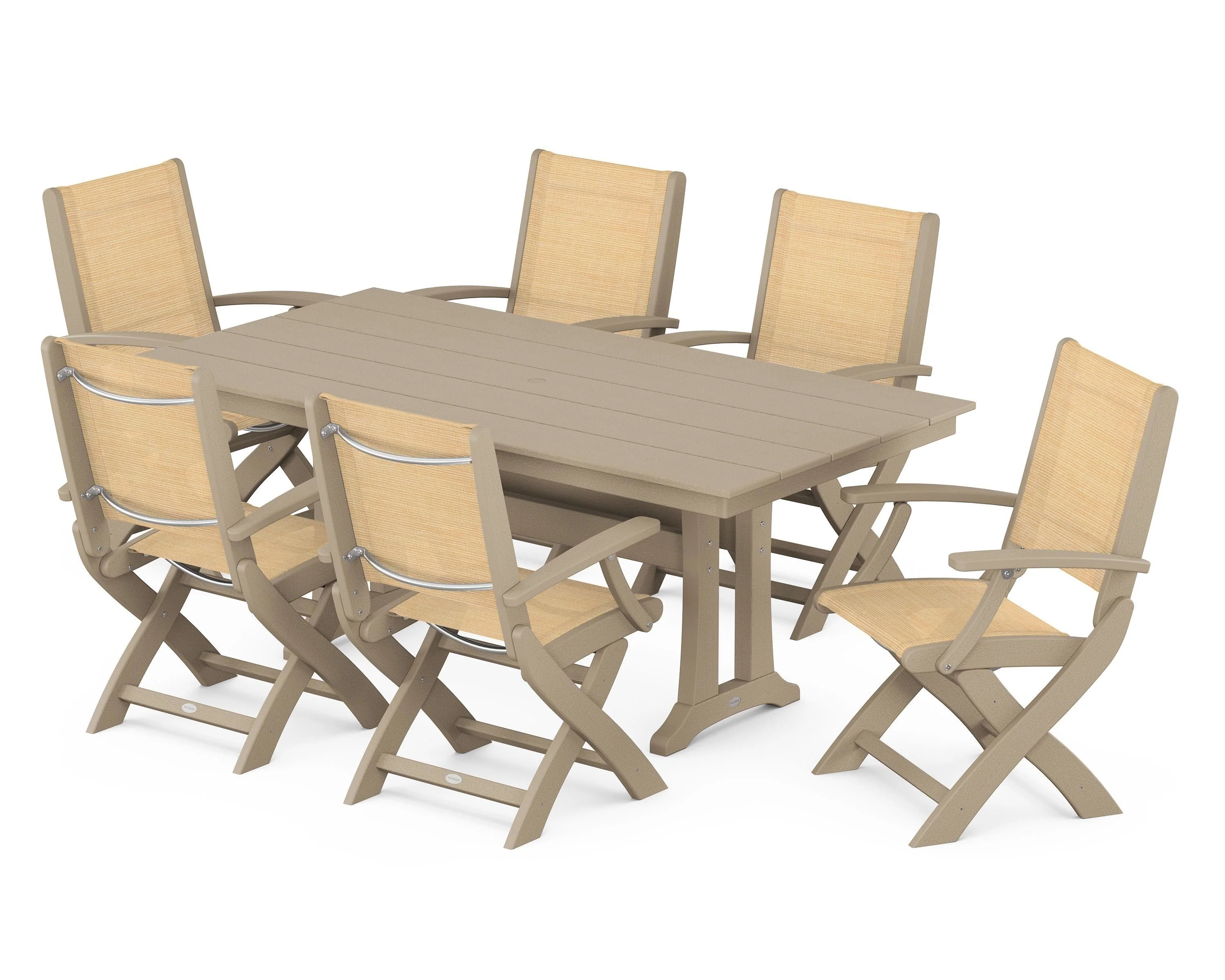 Coastal Folding Arm Chair 7-Piece Farmhouse Dining Set with Trestle Legs - Image 36