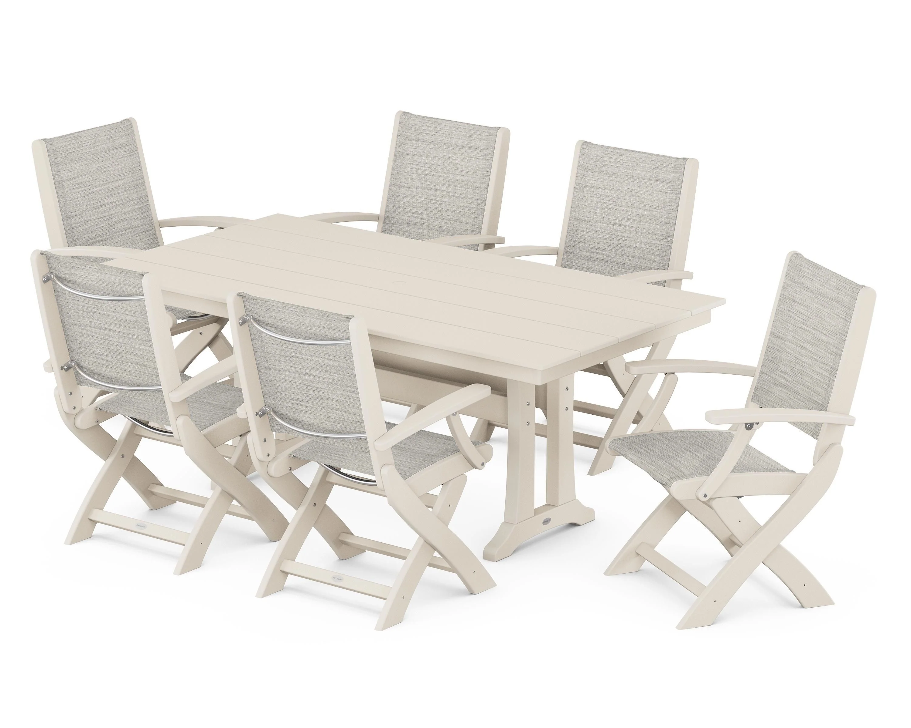 Coastal Folding Arm Chair 7-Piece Farmhouse Dining Set with Trestle Legs - Image 37