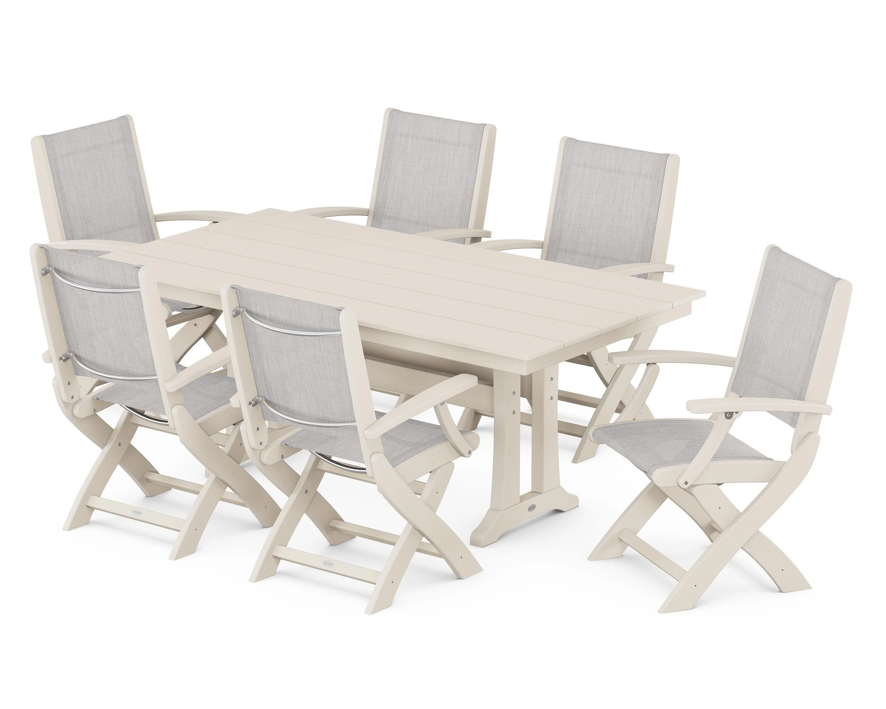 Coastal Folding Arm Chair 7-Piece Farmhouse Dining Set with Trestle Legs - Image 39