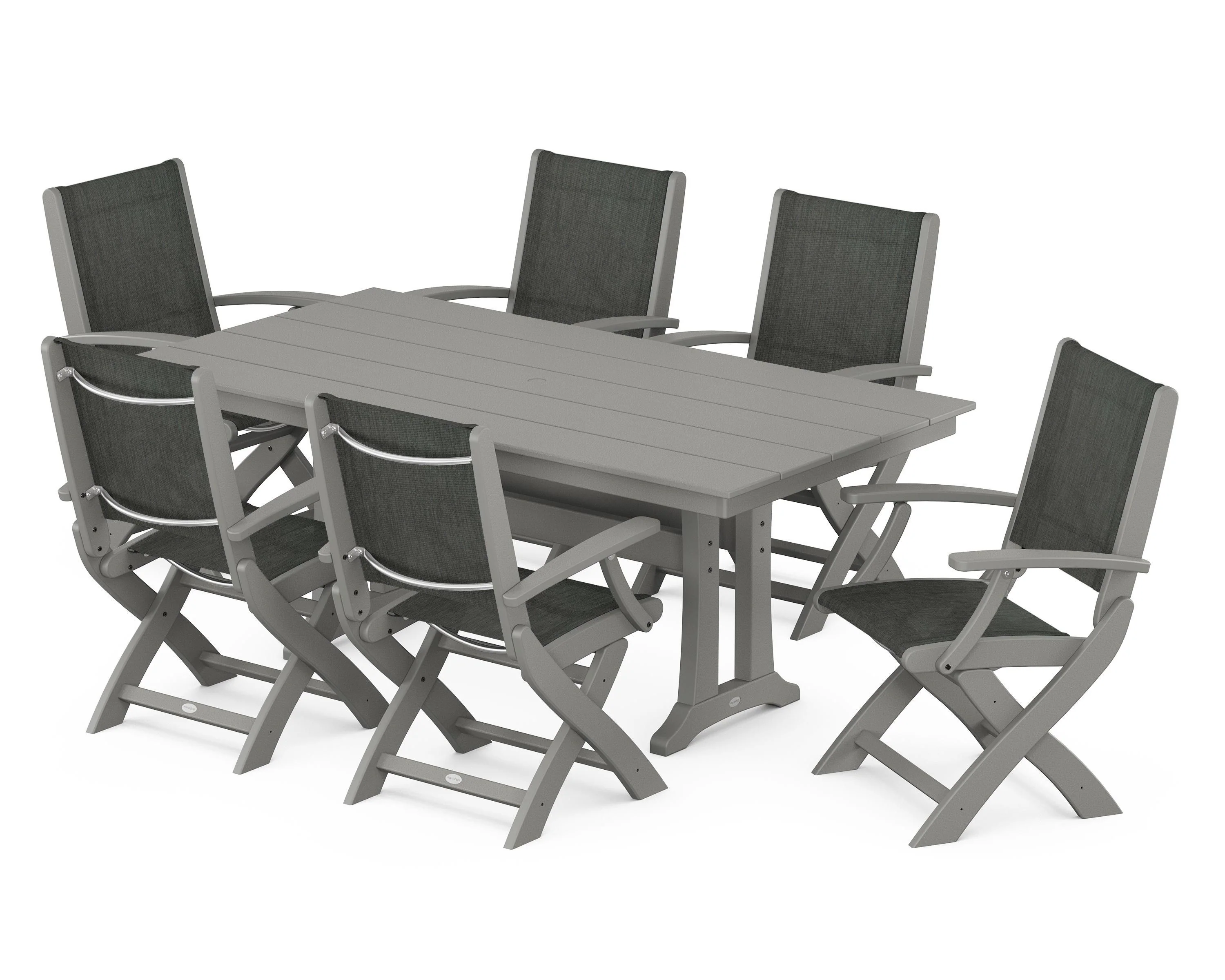 Coastal Folding Arm Chair 7-Piece Farmhouse Dining Set with Trestle Legs - Image 4