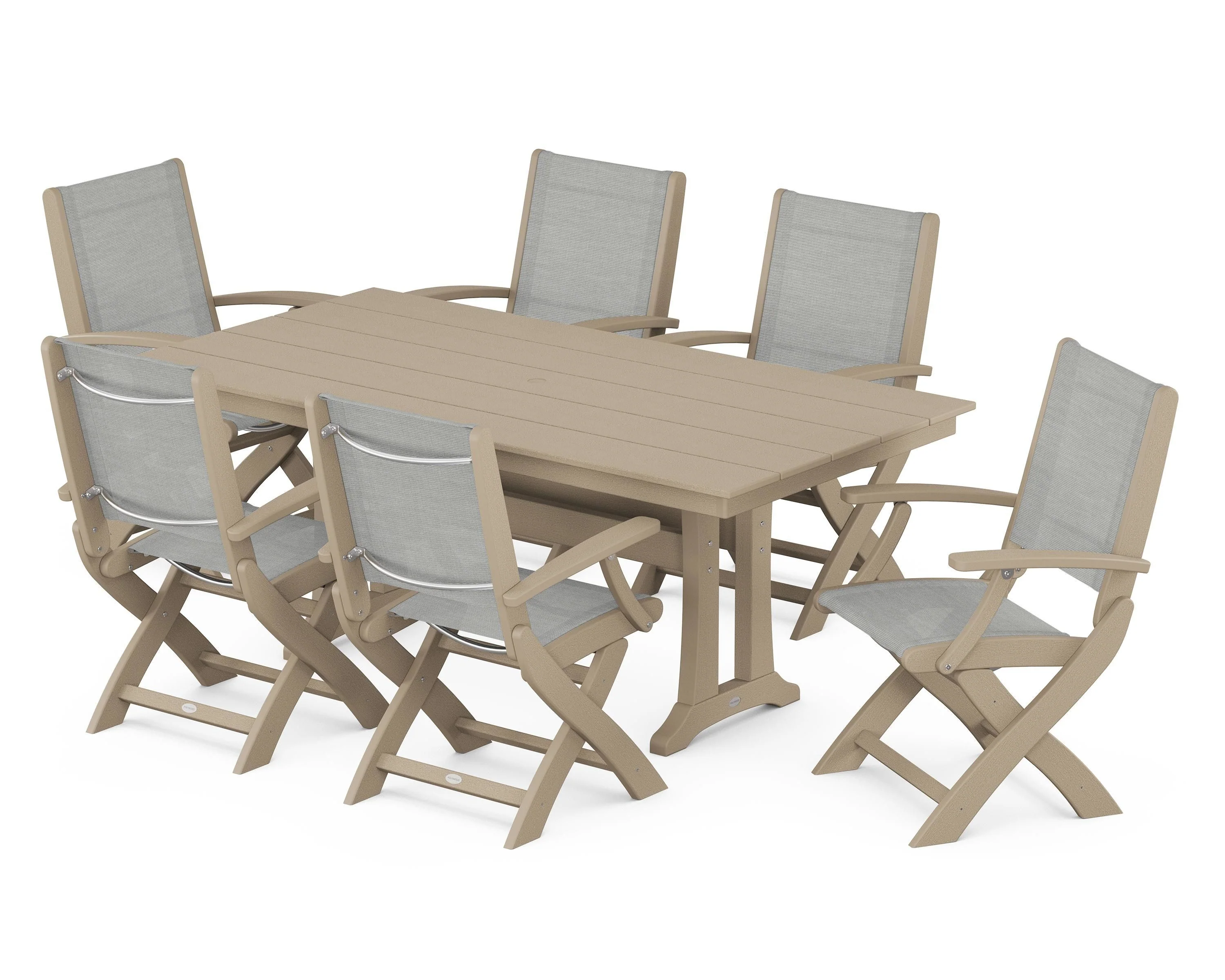 Coastal Folding Arm Chair 7-Piece Farmhouse Dining Set with Trestle Legs - Image 45