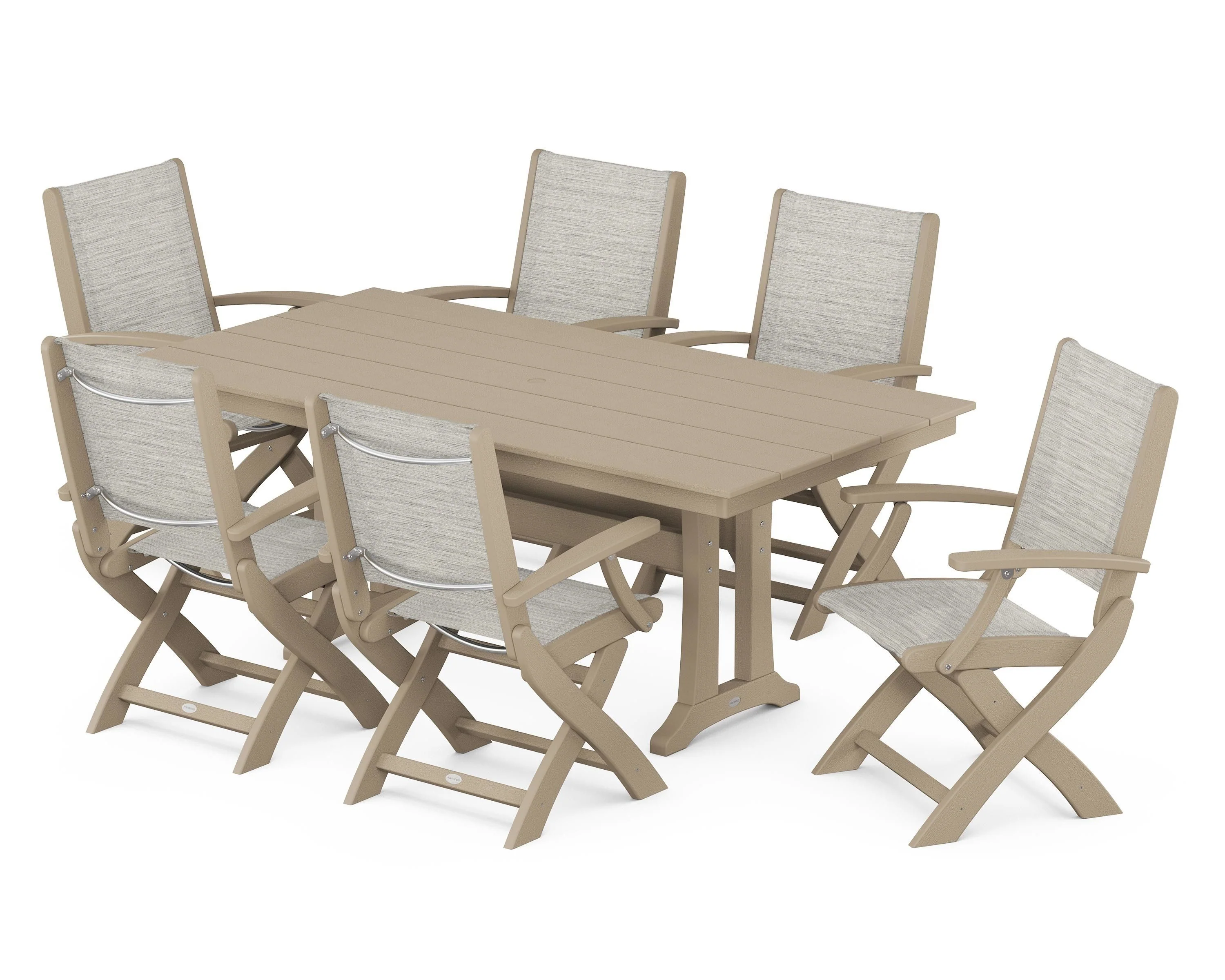 Coastal Folding Arm Chair 7-Piece Farmhouse Dining Set with Trestle Legs - Image 46