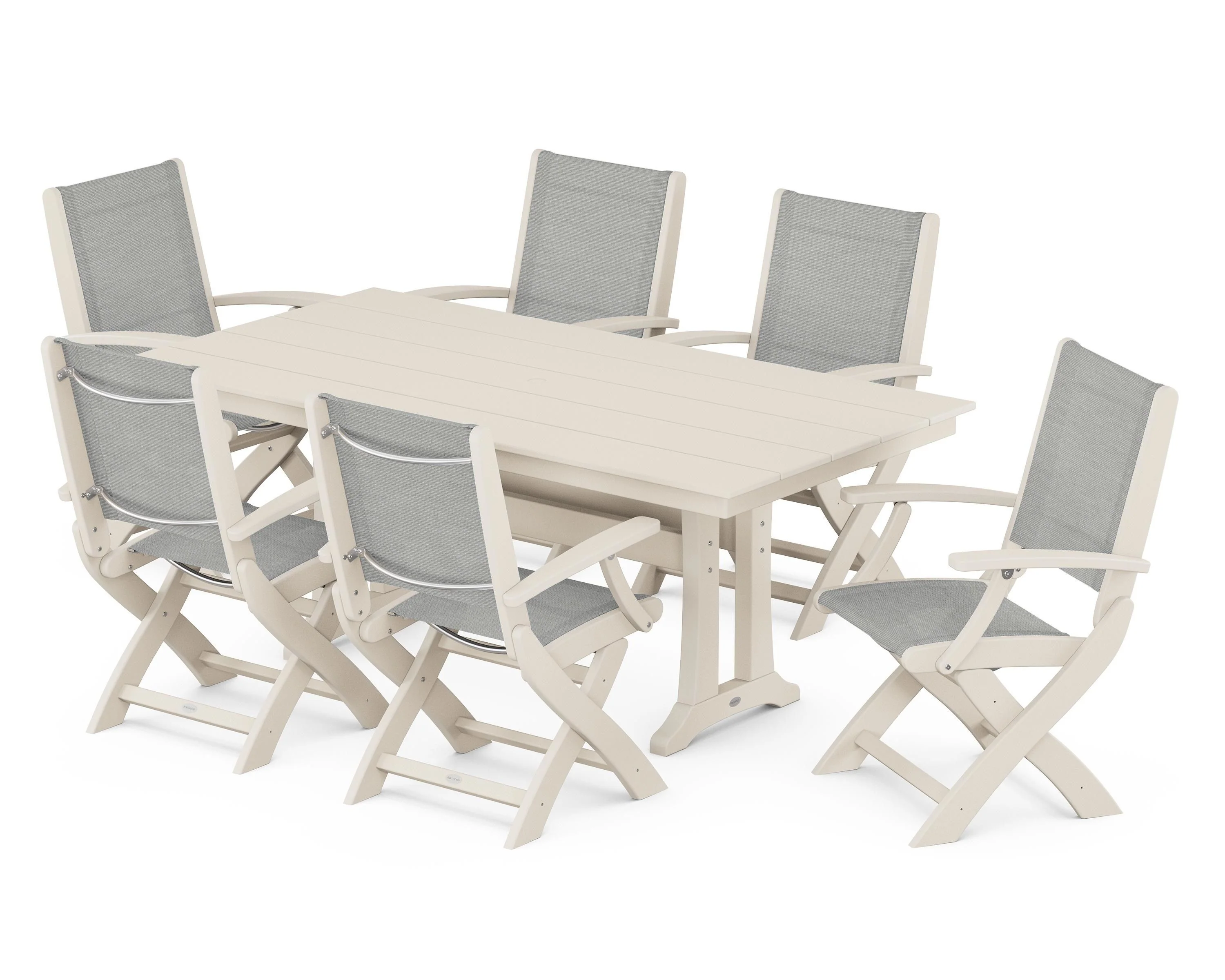 Coastal Folding Arm Chair 7-Piece Farmhouse Dining Set with Trestle Legs - Image 51