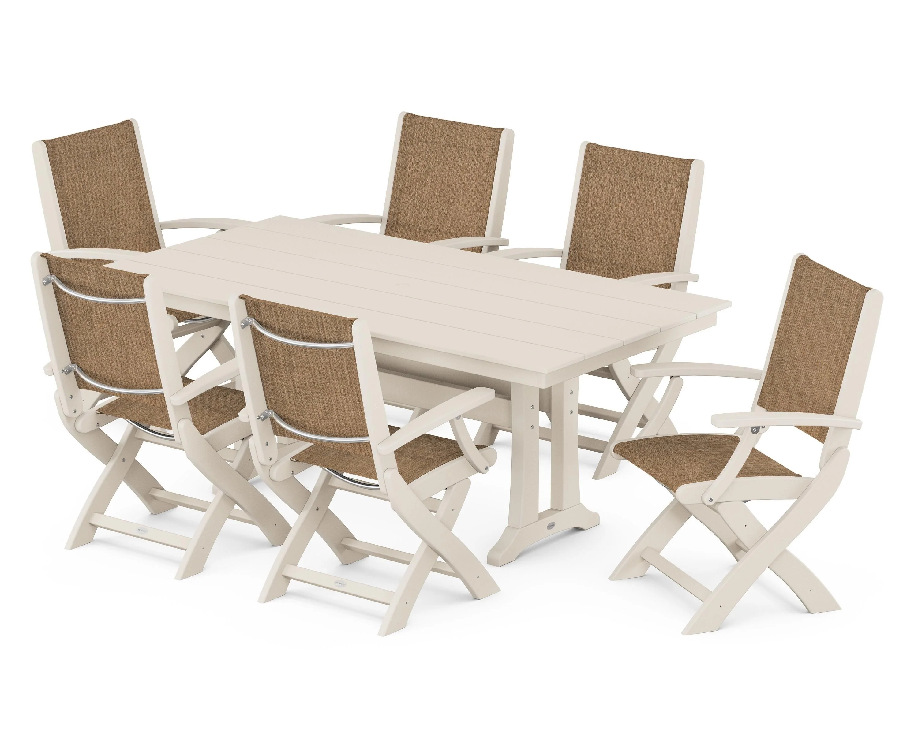 Coastal Folding Arm Chair 7-Piece Farmhouse Dining Set with Trestle Legs - Image 53