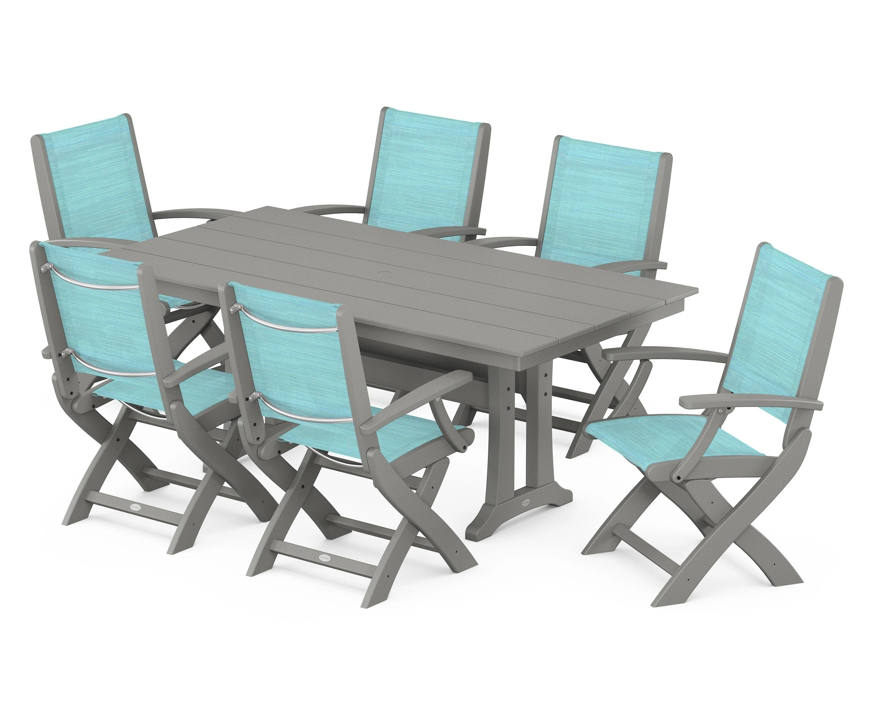 Coastal Folding Arm Chair 7-Piece Farmhouse Dining Set with Trestle Legs - Image 55