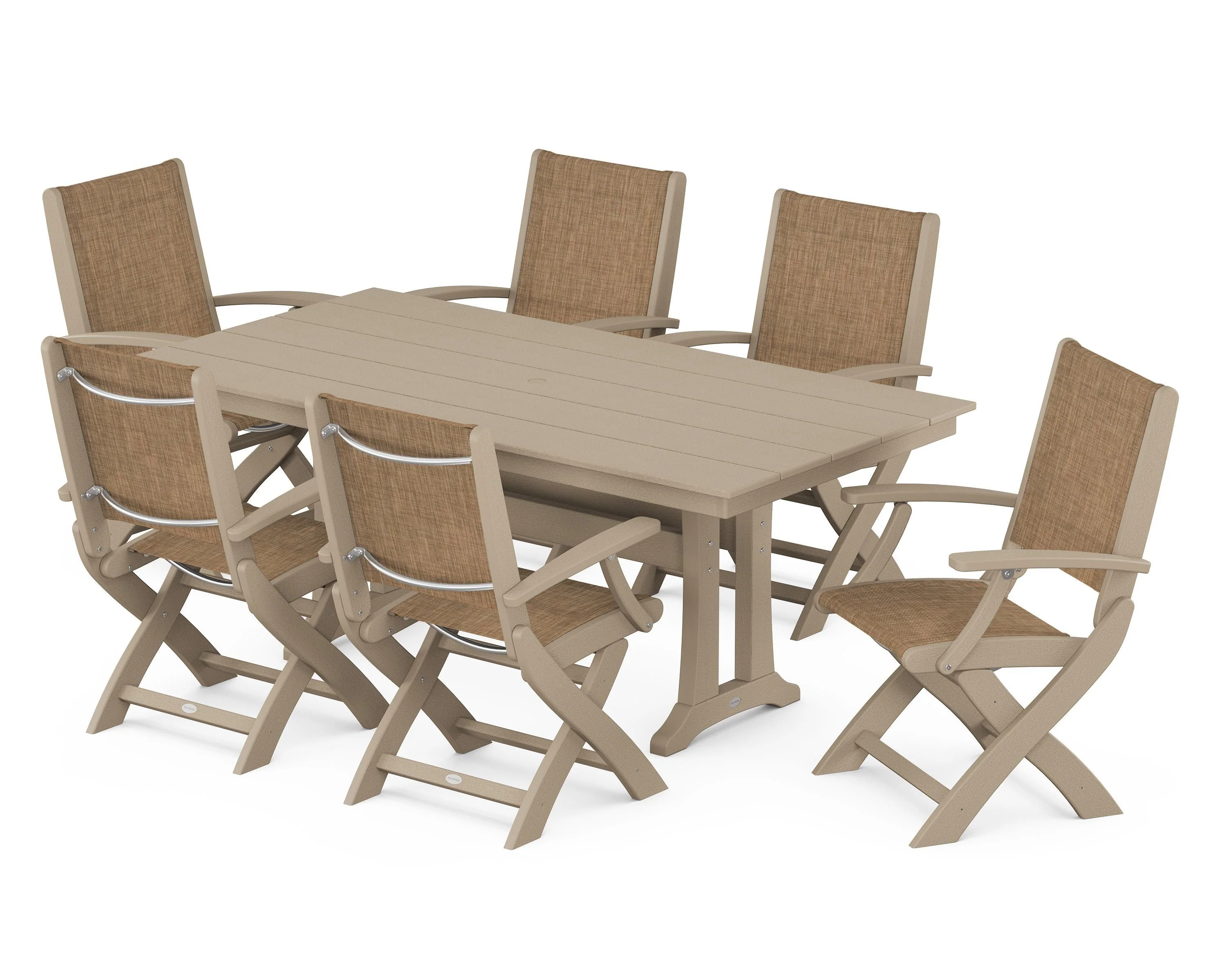 Coastal Folding Arm Chair 7-Piece Farmhouse Dining Set with Trestle Legs - Image 57