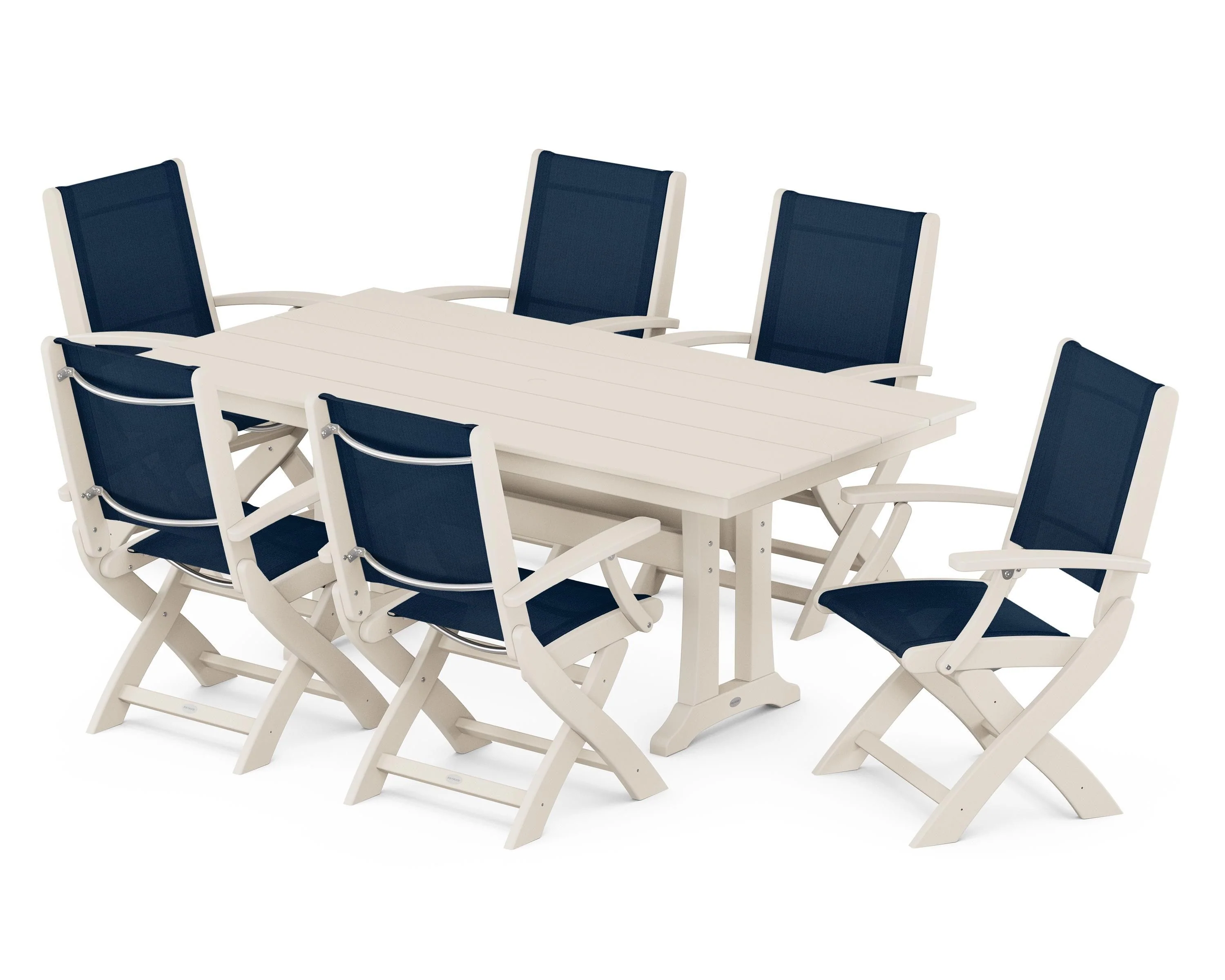 Coastal Folding Arm Chair 7-Piece Farmhouse Dining Set with Trestle Legs - Image 65