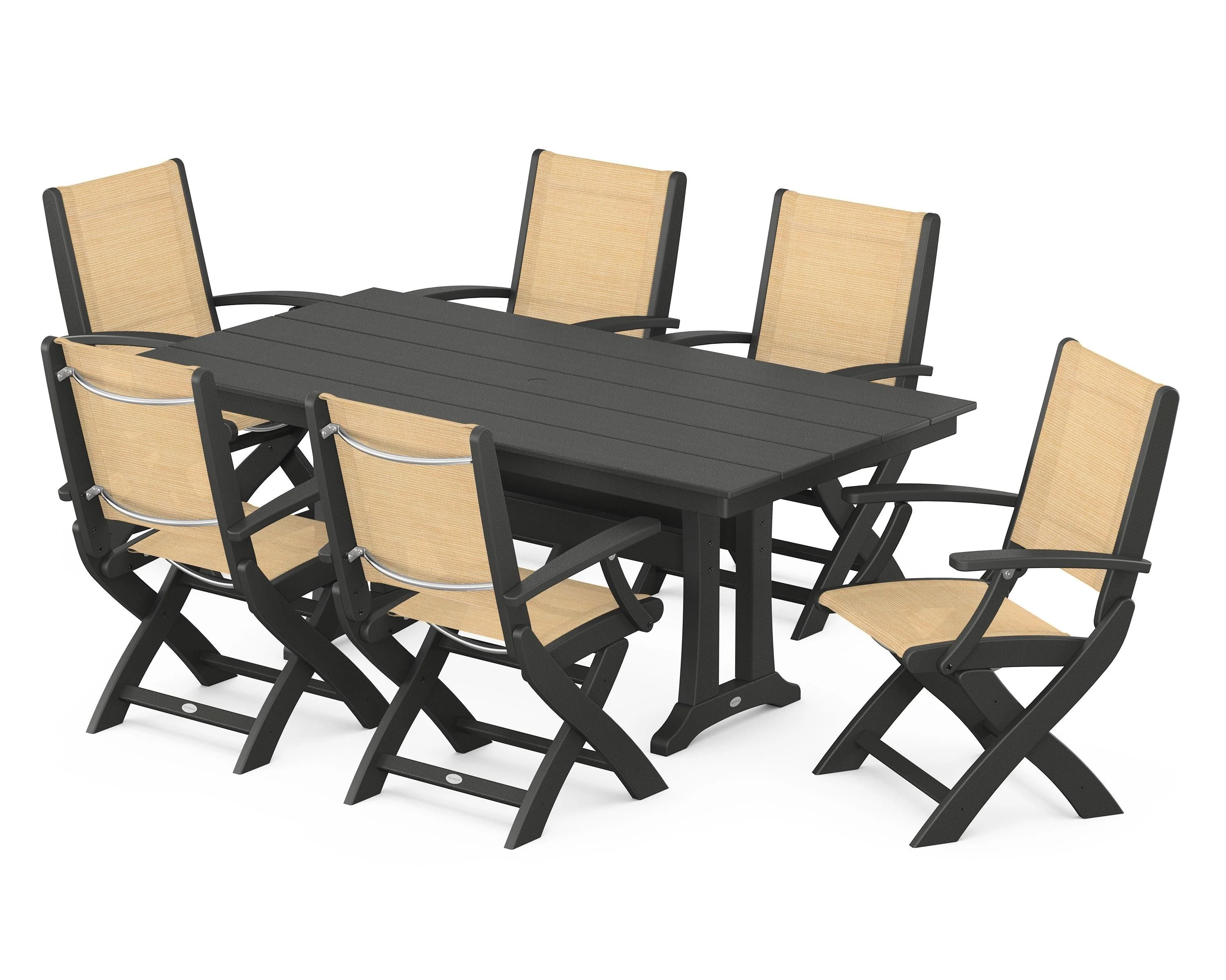 Coastal Folding Arm Chair 7-Piece Farmhouse Dining Set with Trestle Legs - Image 81