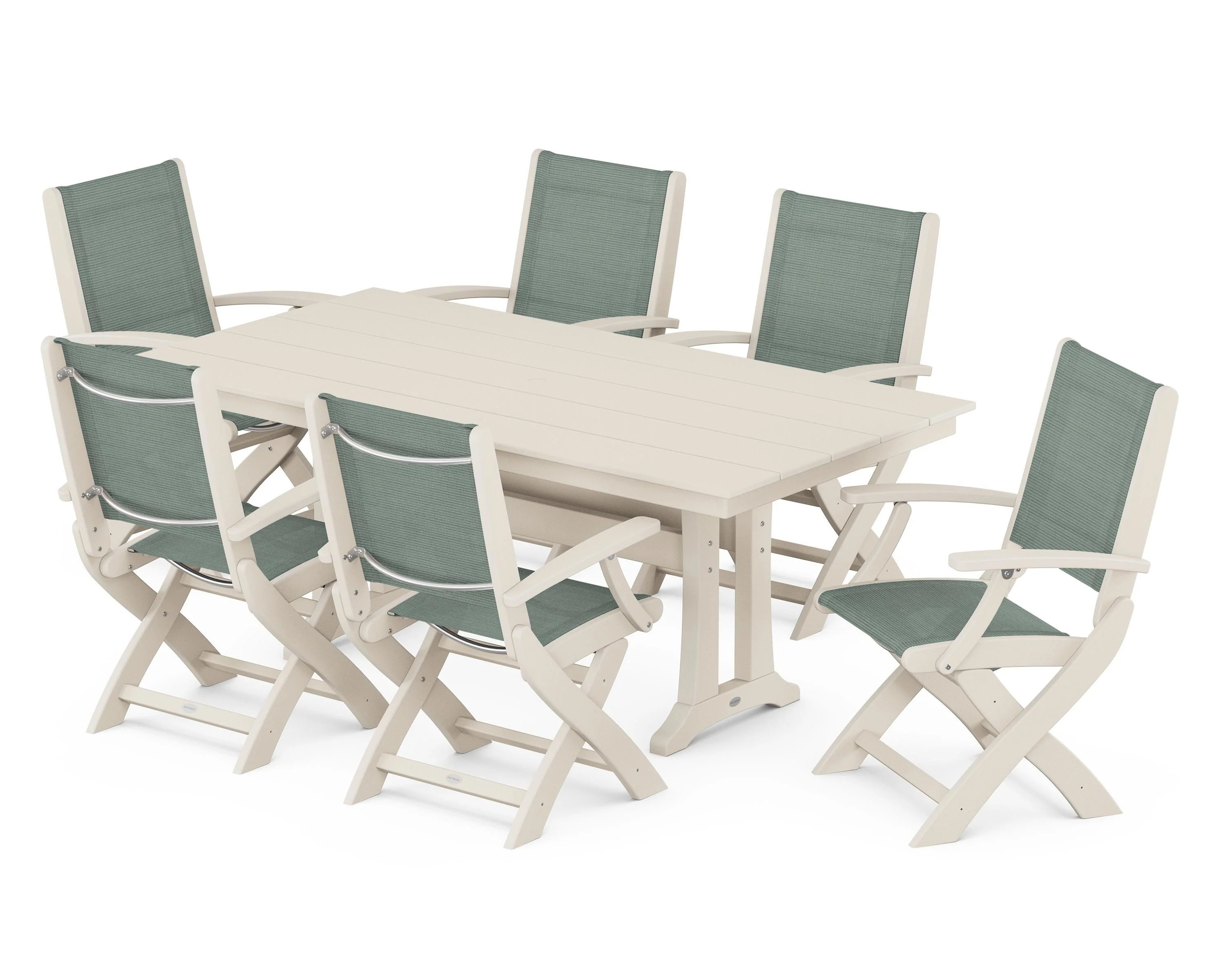 Coastal Folding Arm Chair 7-Piece Farmhouse Dining Set with Trestle Legs - Image 83
