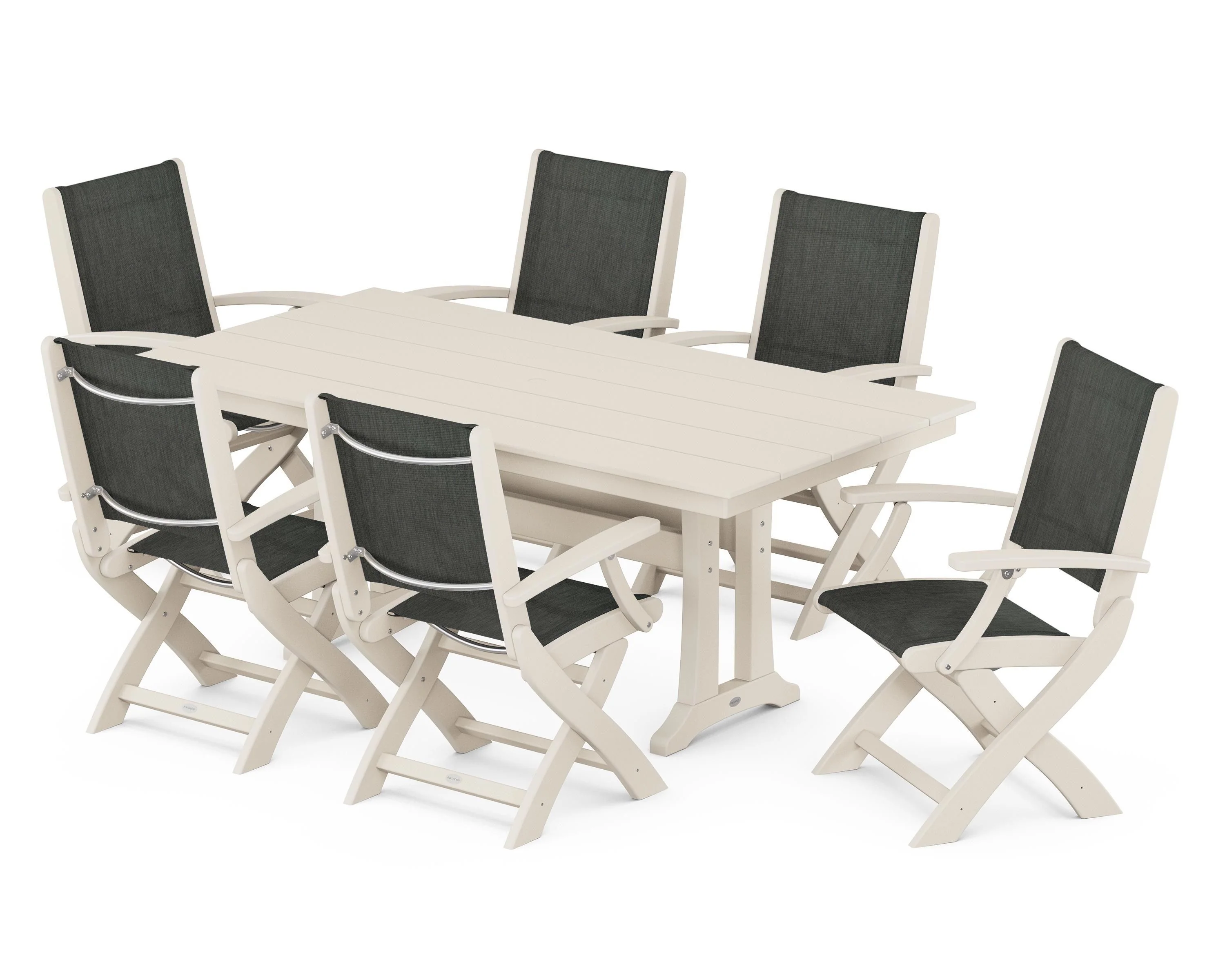 Coastal Folding Arm Chair 7-Piece Farmhouse Dining Set with Trestle Legs - Image 97