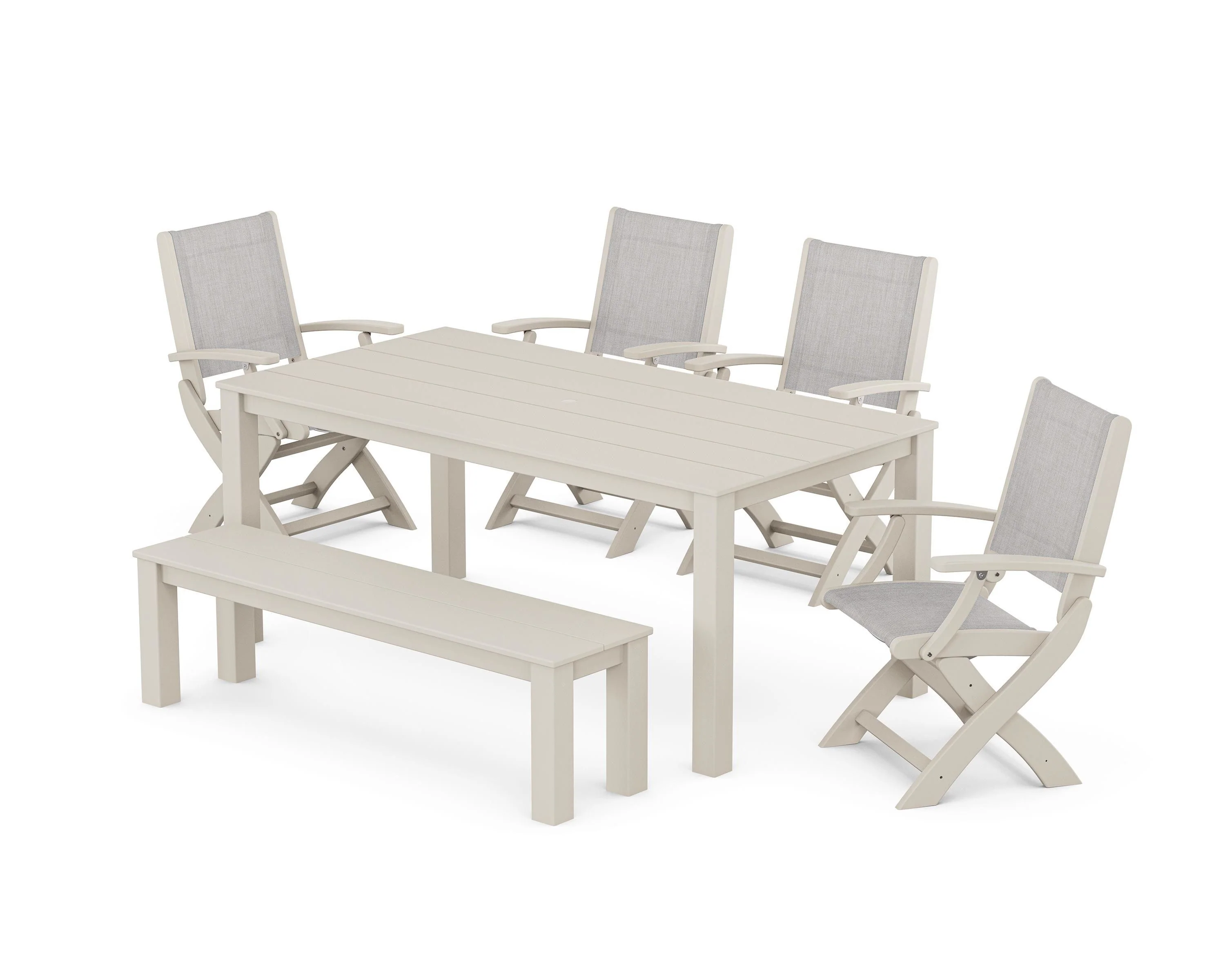 Coastal Folding Chair 6-Piece Parsons Dining Set with Bench - Image 48