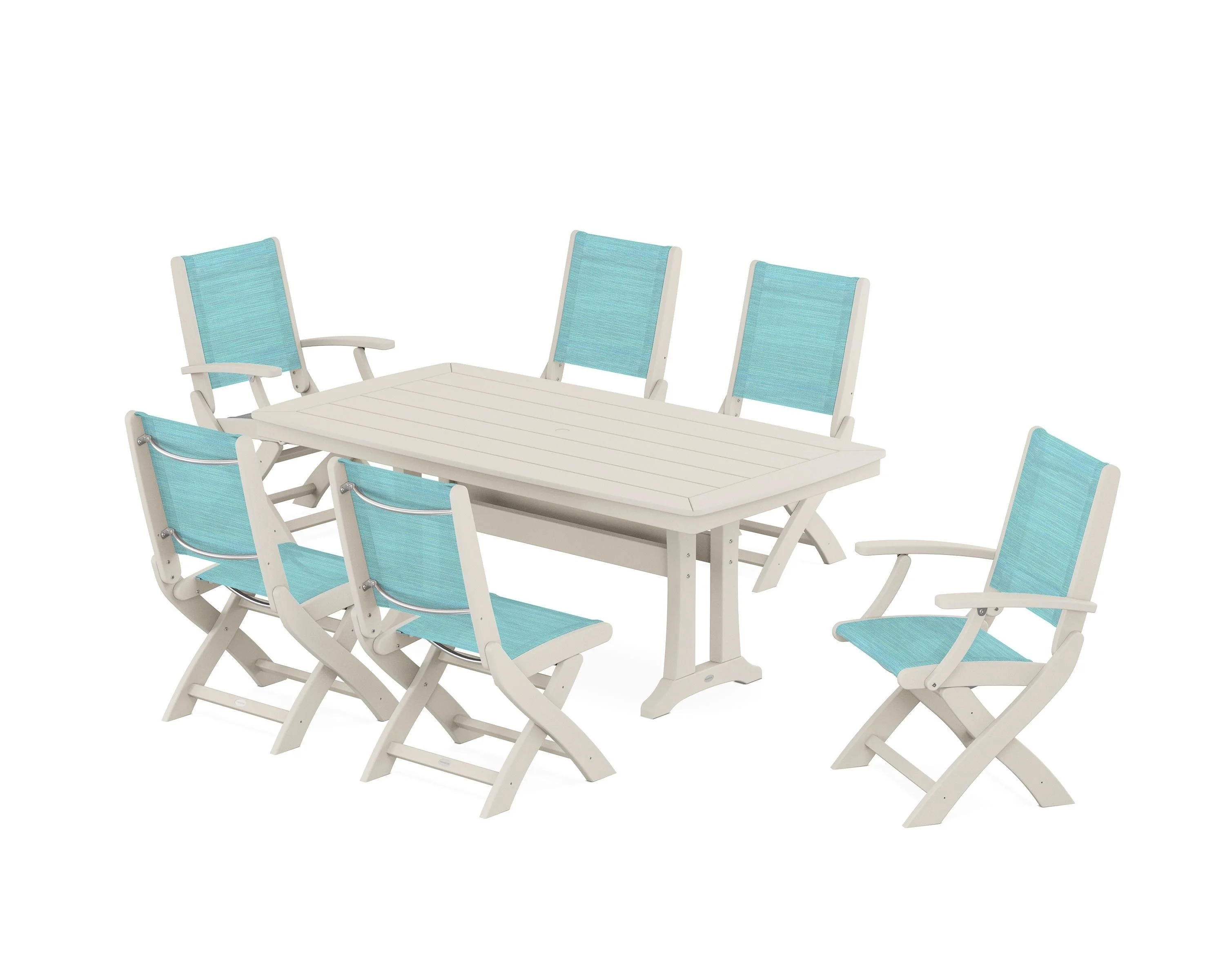 Coastal Folding Chair 7-Piece Dining Set with Trestle Legs - Image 52