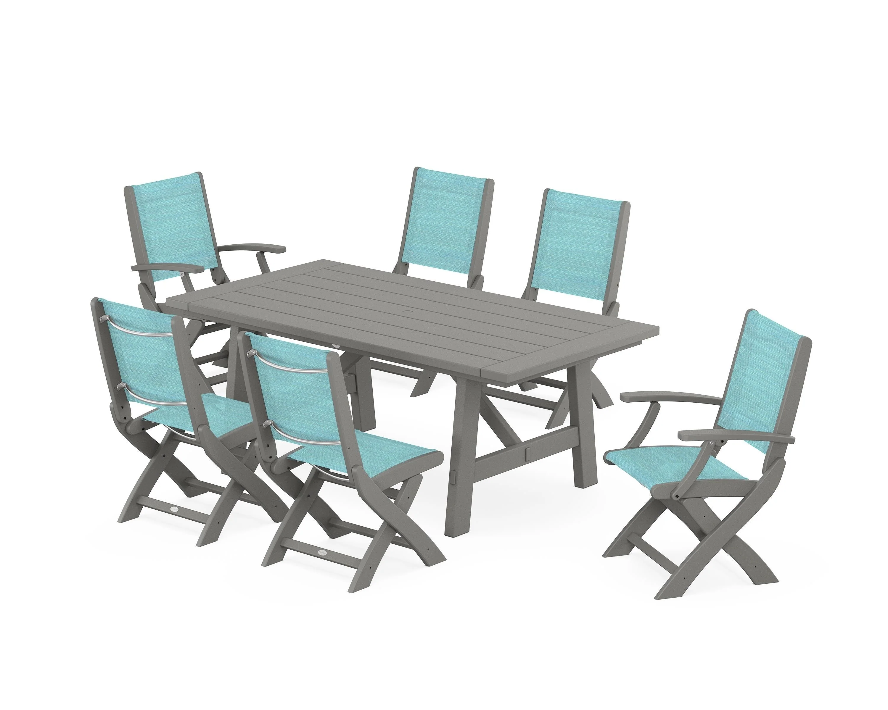 Coastal Folding Chair 7-Piece Rustic Farmhouse Dining Set - Image 7