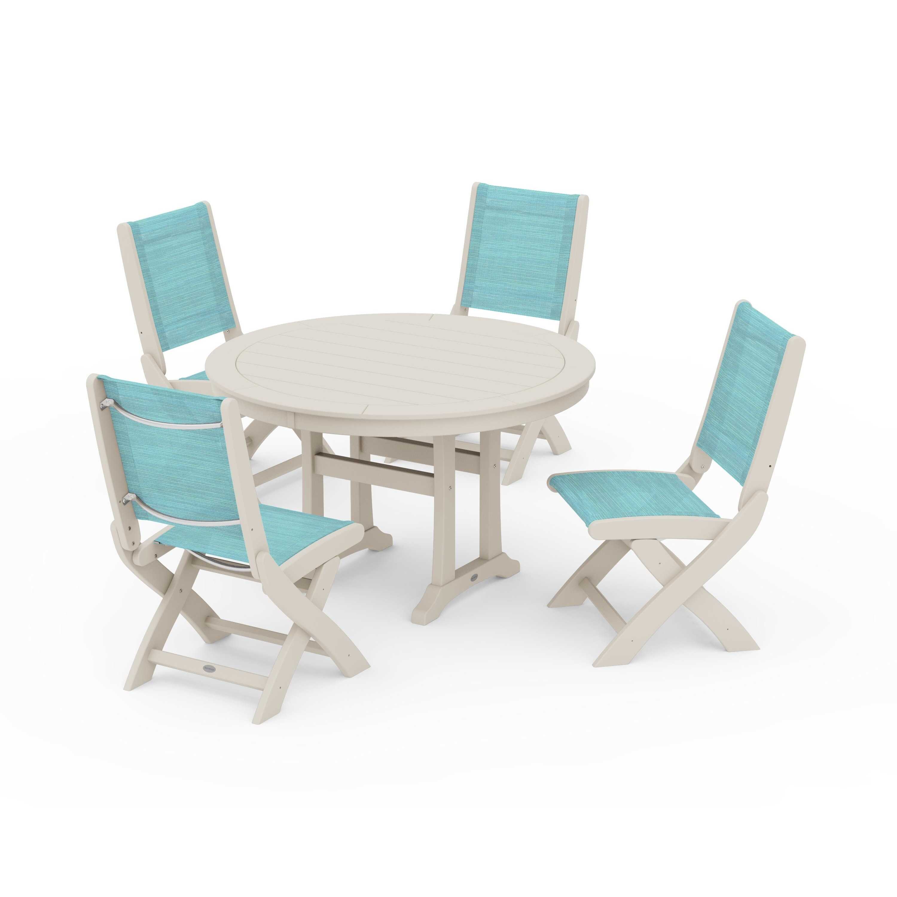 Coastal Folding Side Chair 5-Piece Round Dining Set With Trestle Legs - Image 11
