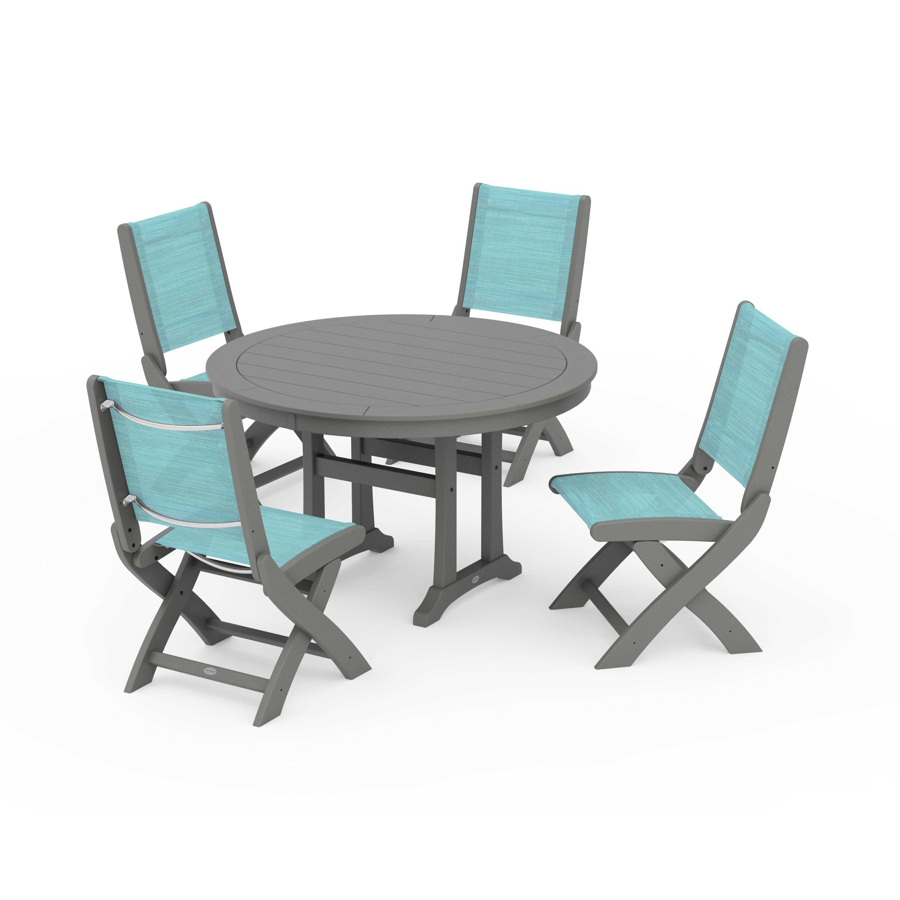 Coastal Folding Side Chair 5-Piece Round Dining Set With Trestle Legs - Image 110