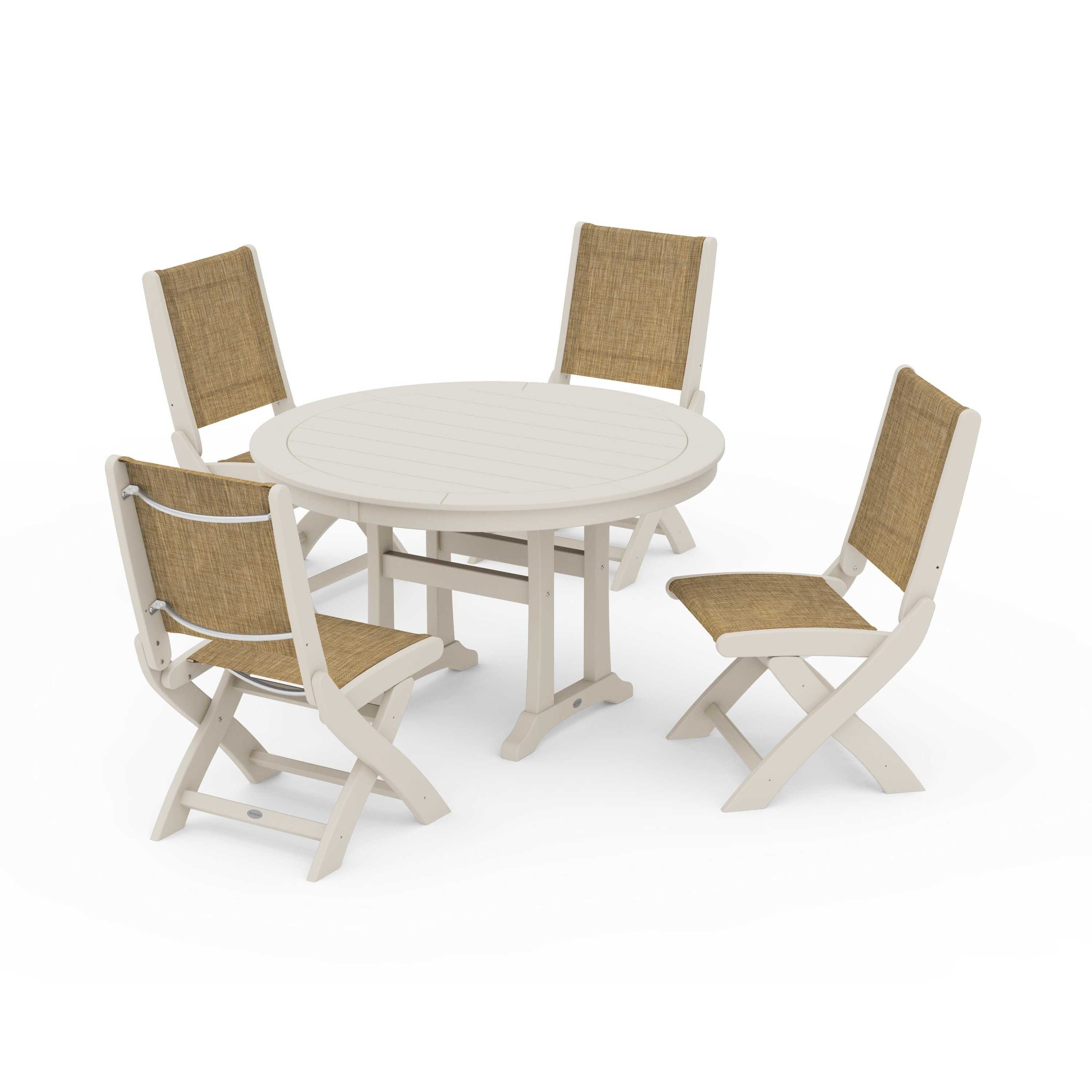 Coastal Folding Side Chair 5-Piece Round Dining Set With Trestle Legs - Image 37