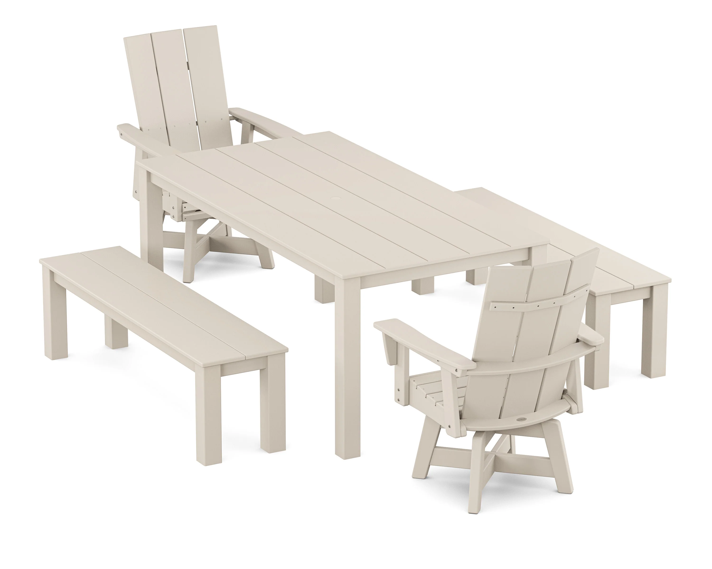 Modern Curveback Adirondack 5-Piece Parsons Swivel Dining Set with Benches - Image 4