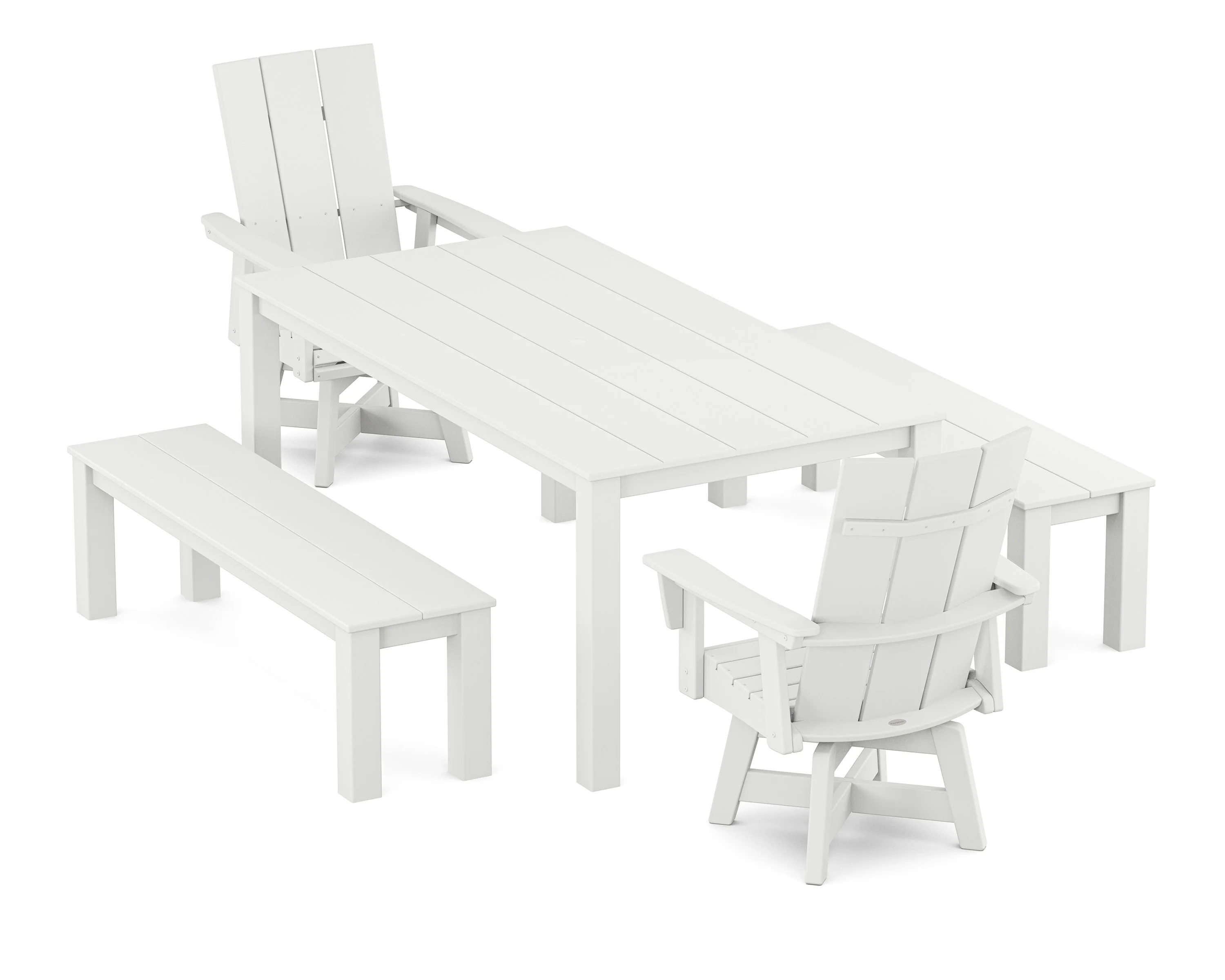Modern Curveback Adirondack 5-Piece Parsons Swivel Dining Set with Benches - Image 6