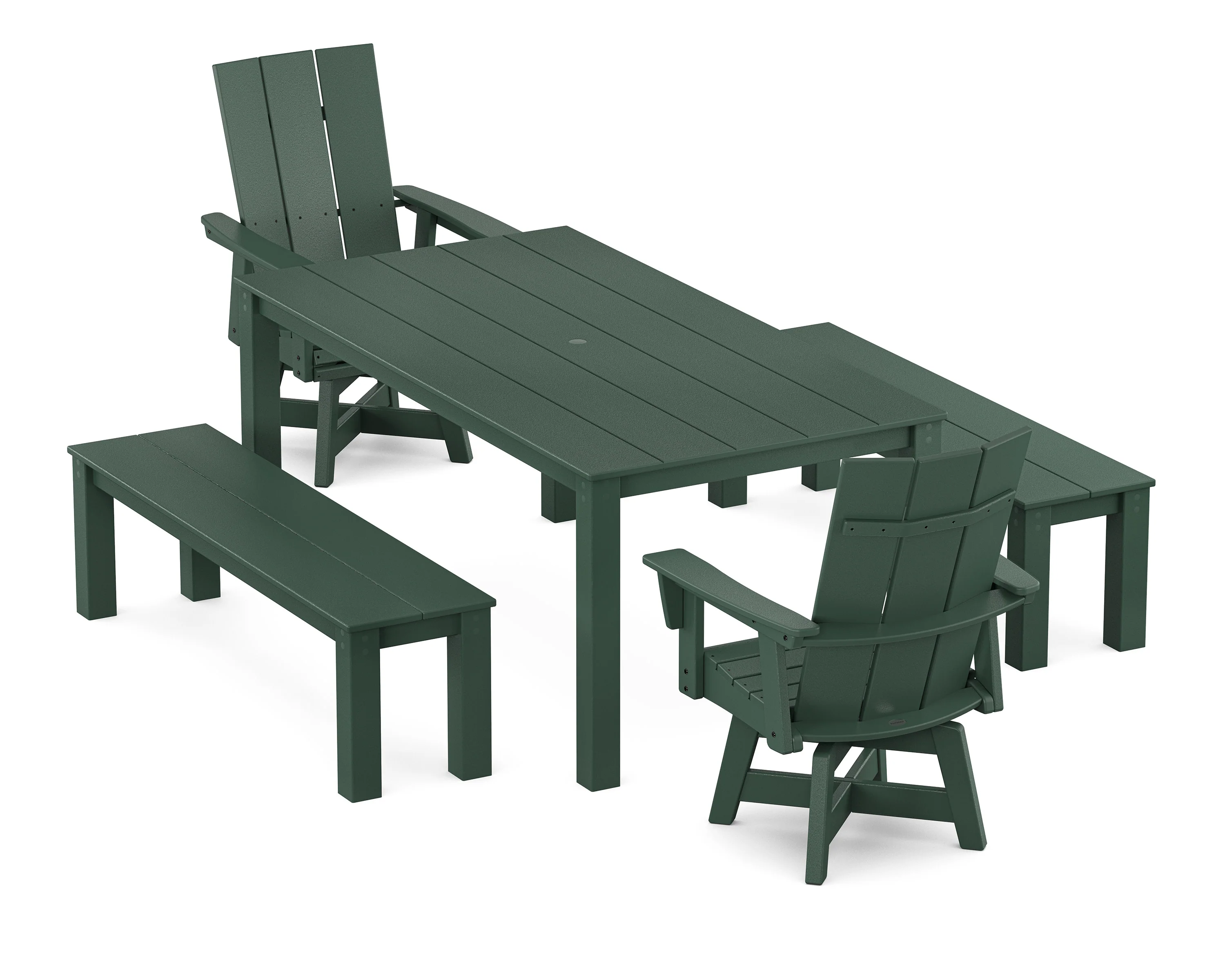 Modern Curveback Adirondack 5-Piece Parsons Swivel Dining Set with Benches - Image 9
