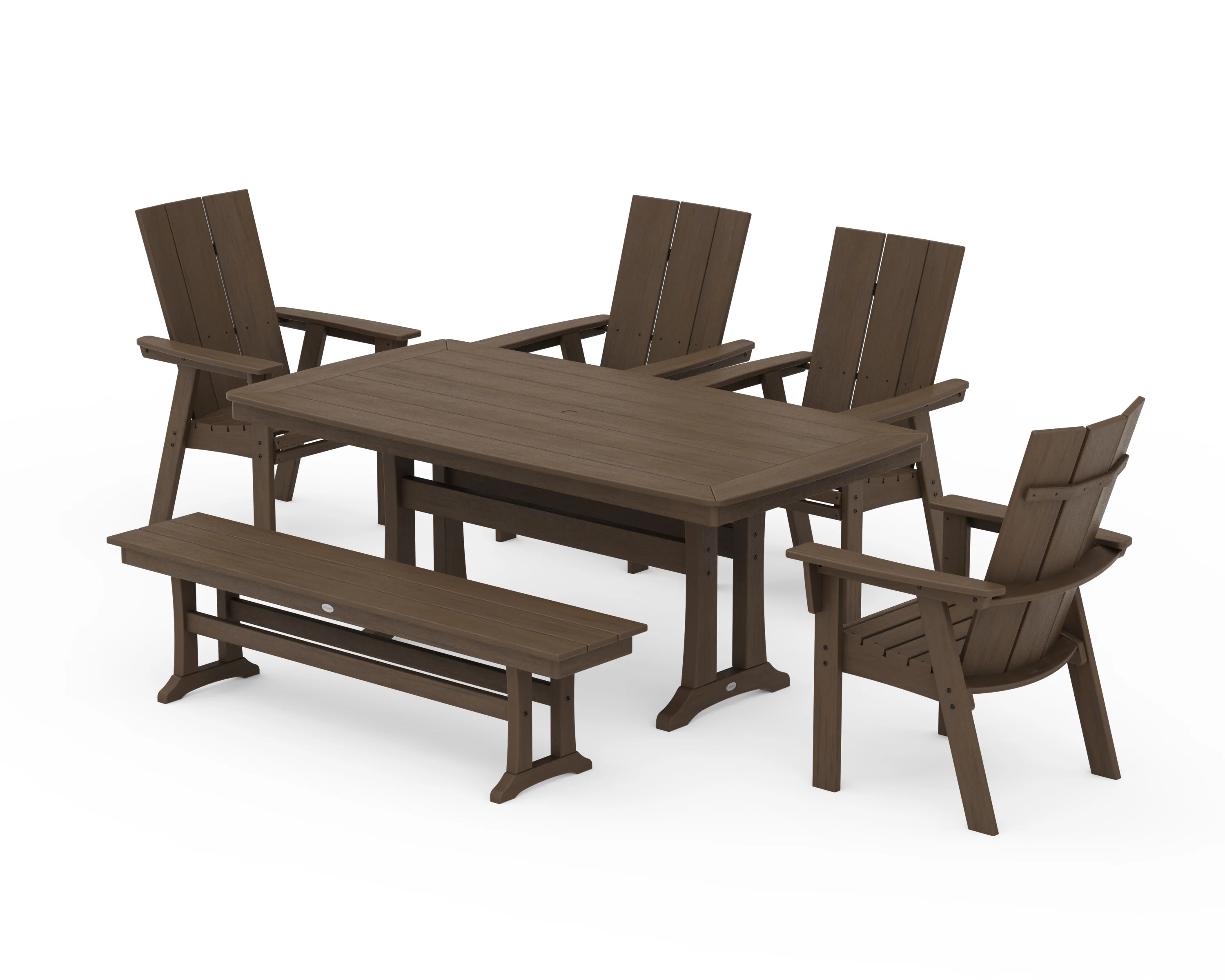 Modern Curveback Adirondack 6-Piece Farmhouse Dining Set with Trestle Legs and Bench - Image 11