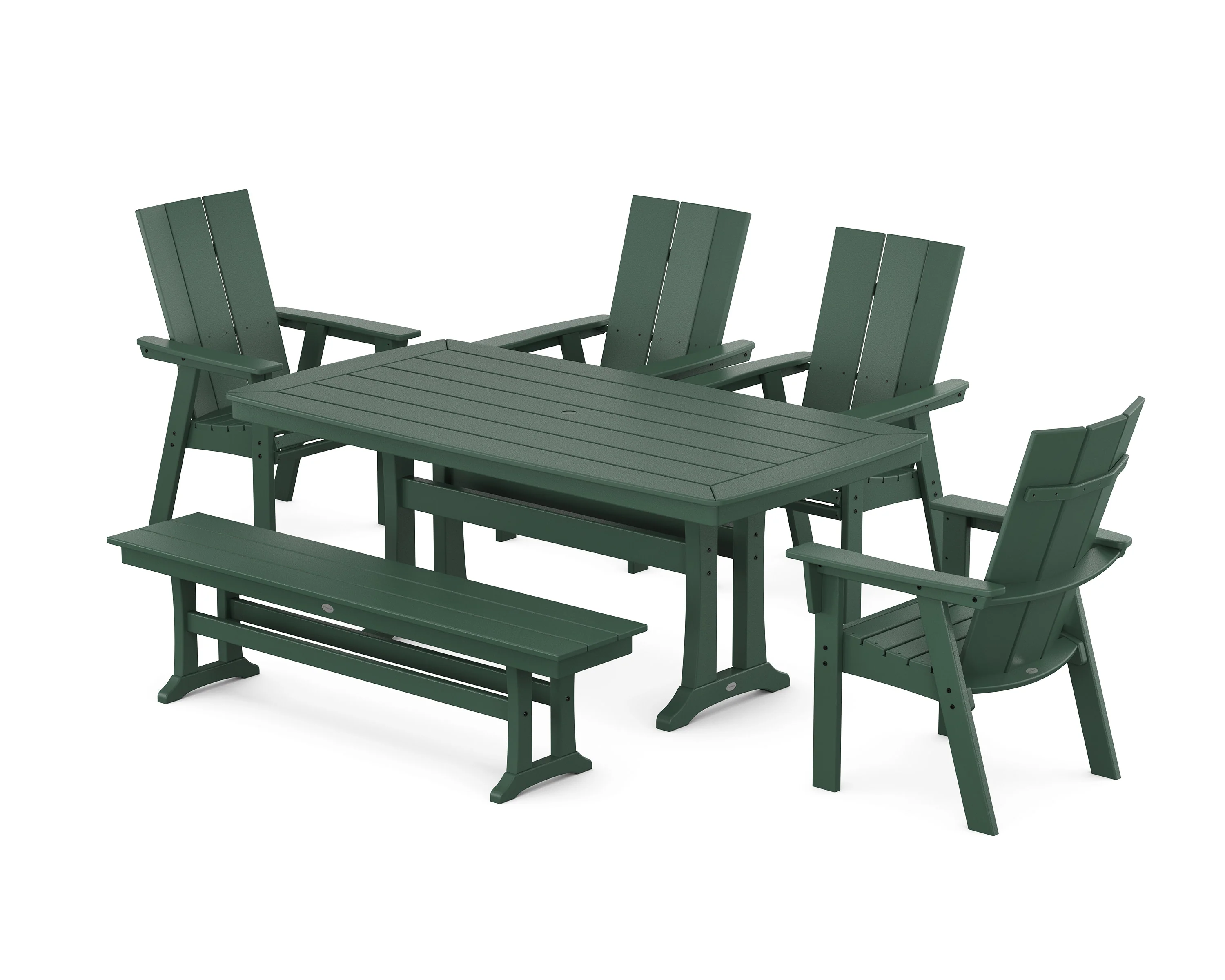Modern Curveback Adirondack 6-Piece Farmhouse Dining Set with Trestle Legs and Bench - Image 5