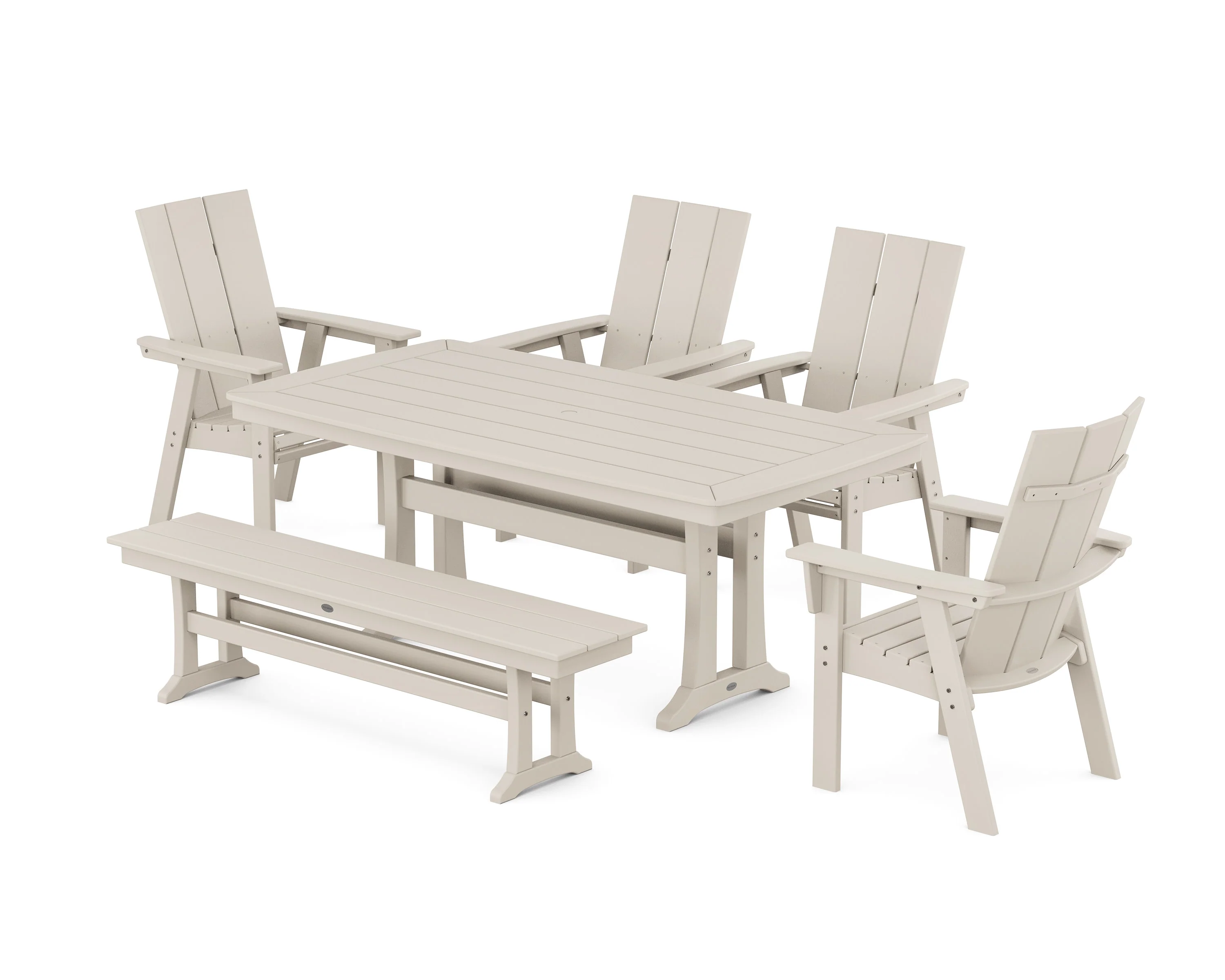 Modern Curveback Adirondack 6-Piece Farmhouse Dining Set with Trestle Legs and Bench - Image 7