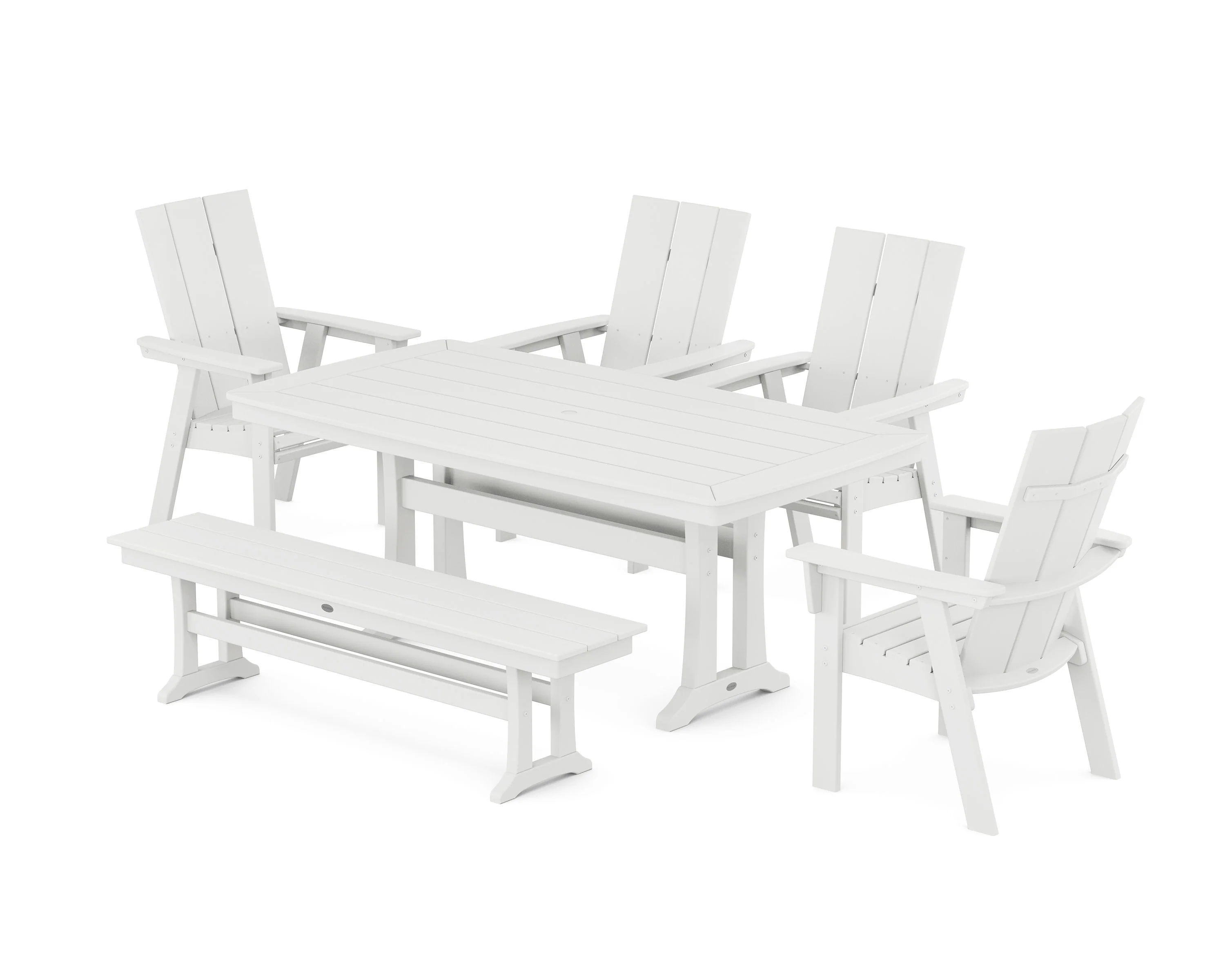 Modern Curveback Adirondack 6-Piece Farmhouse Dining Set with Trestle Legs and Bench - Image 9