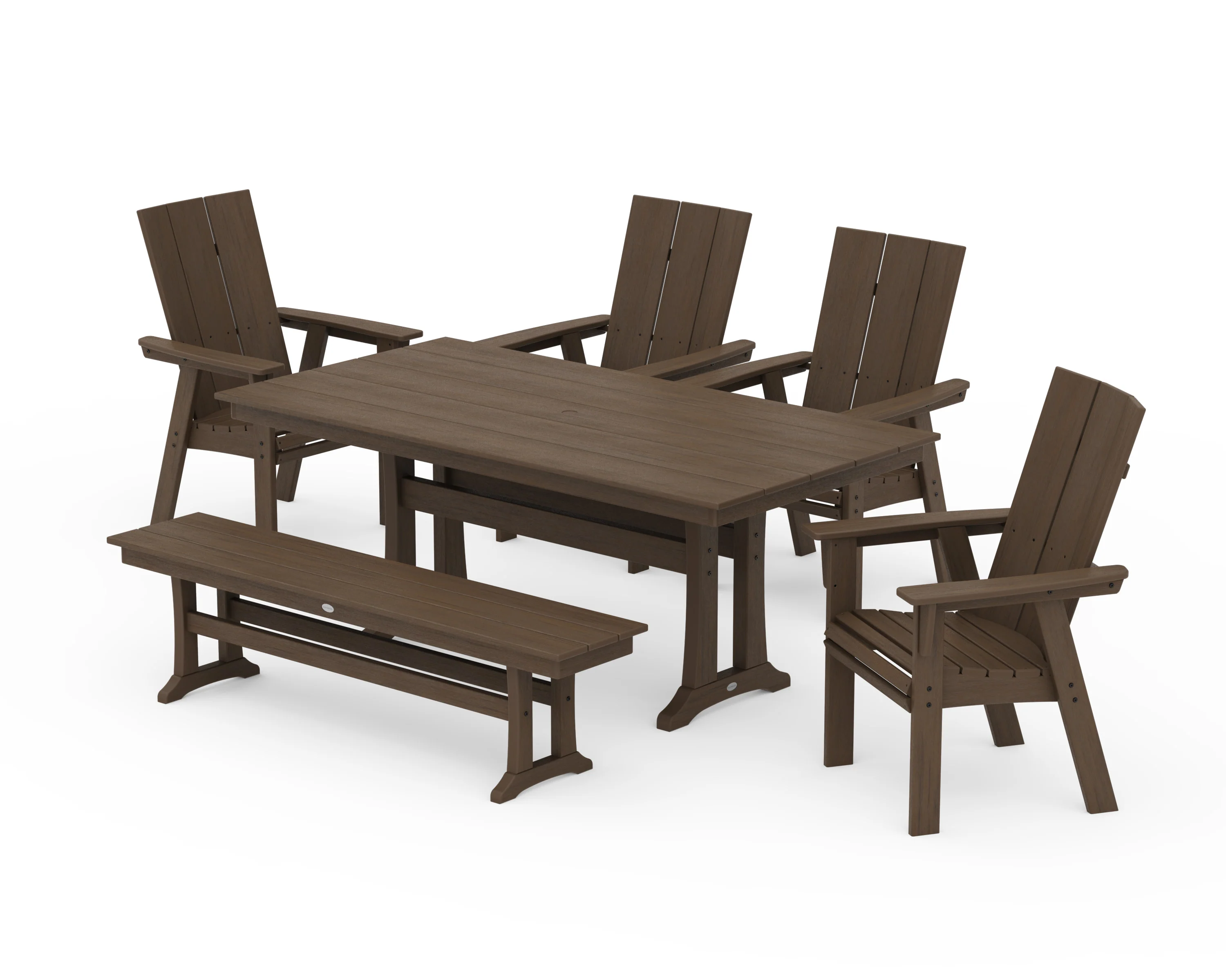 Modern Curveback Adirondack 6-Piece Farmhouse Dining Set with Trestle Legs and Bench - Image 12
