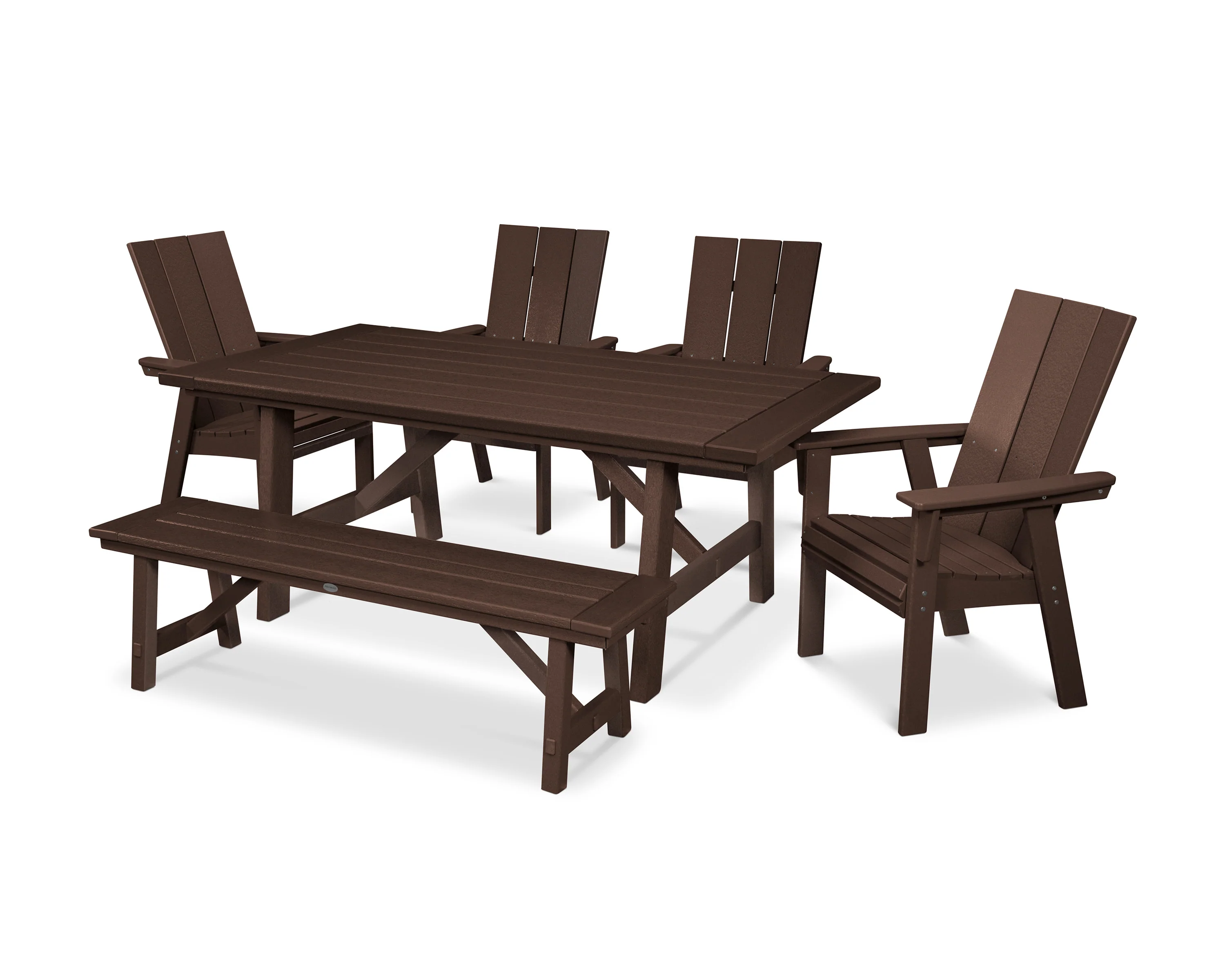 Modern Curveback Adirondack 6-Piece Rustic Farmhouse Dining Set with Bench - Image 5