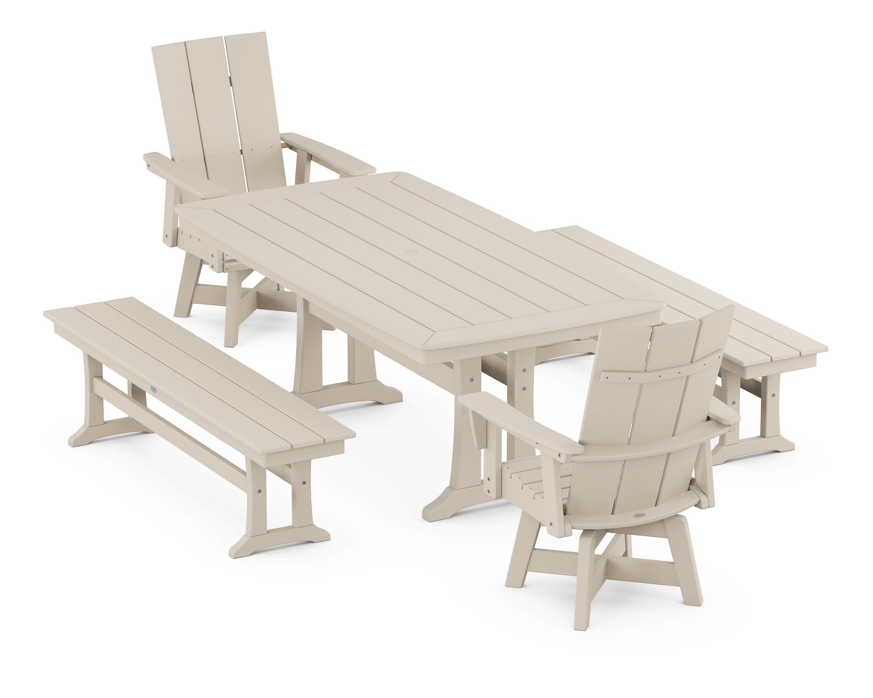 Modern Curveback Adirondack Swivel Chair 5-Piece Dining Set with Trestle Legs and Benches - Image 10