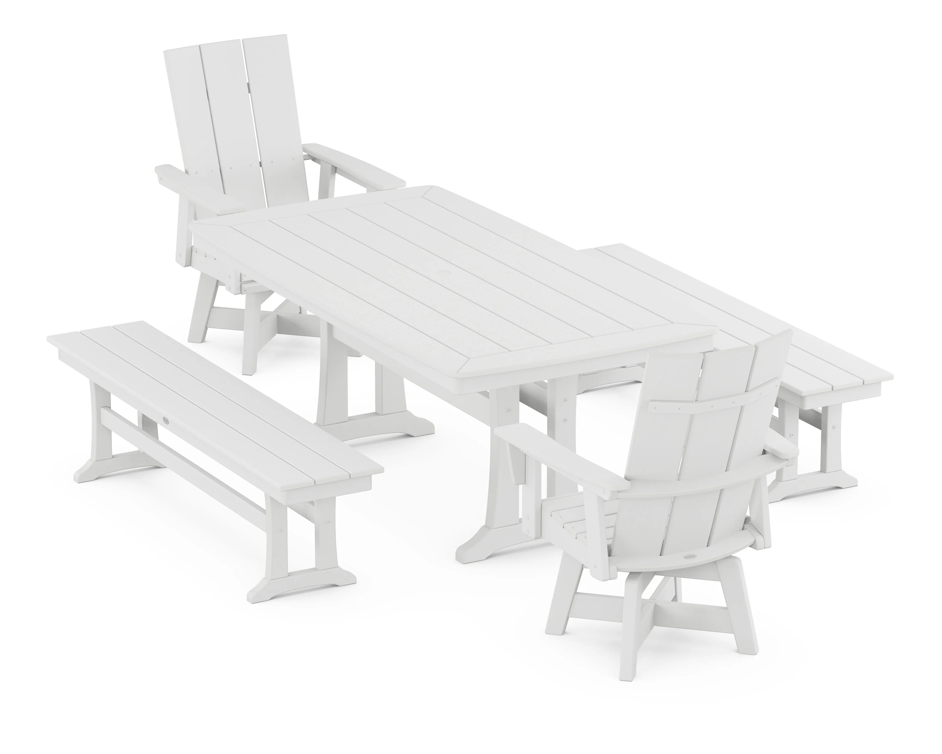Modern Curveback Adirondack Swivel Chair 5-Piece Dining Set with Trestle Legs and Benches - Image 11