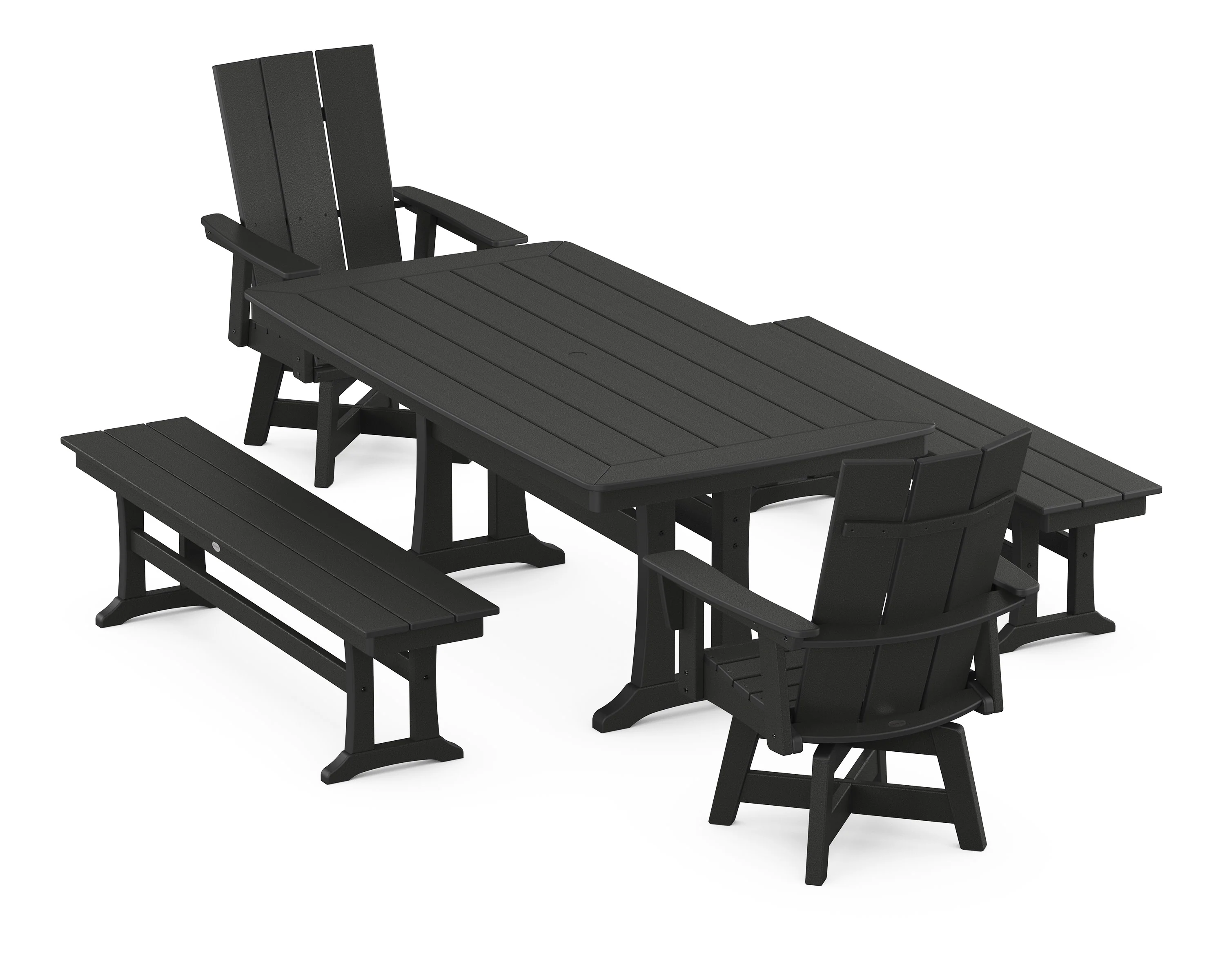 Modern Curveback Adirondack Swivel Chair 5-Piece Dining Set with Trestle Legs and Benches - Image 12