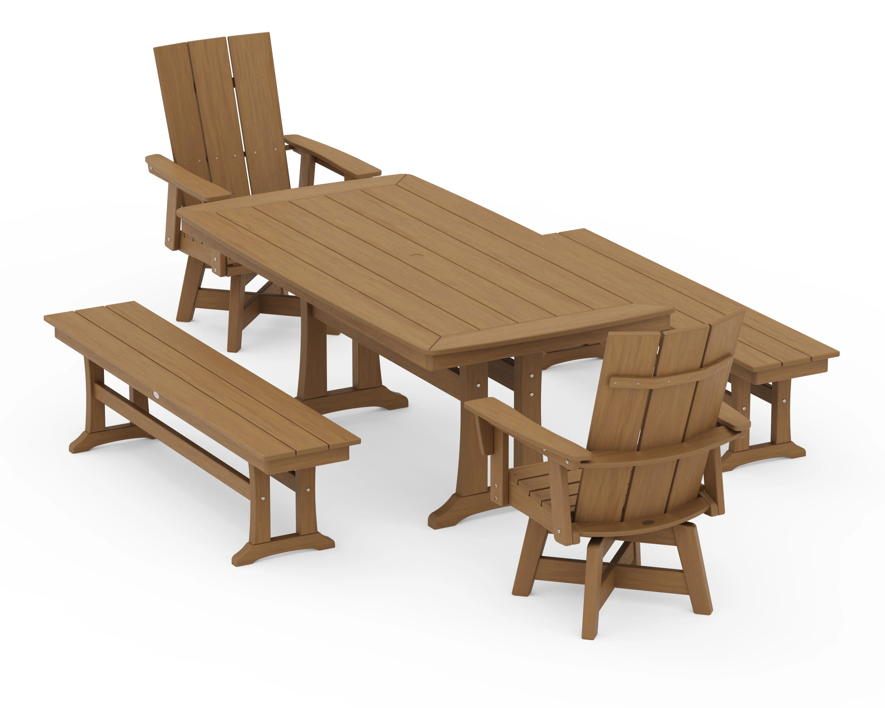 Modern Curveback Adirondack Swivel Chair 5-Piece Dining Set with Trestle Legs and Benches - Image 15