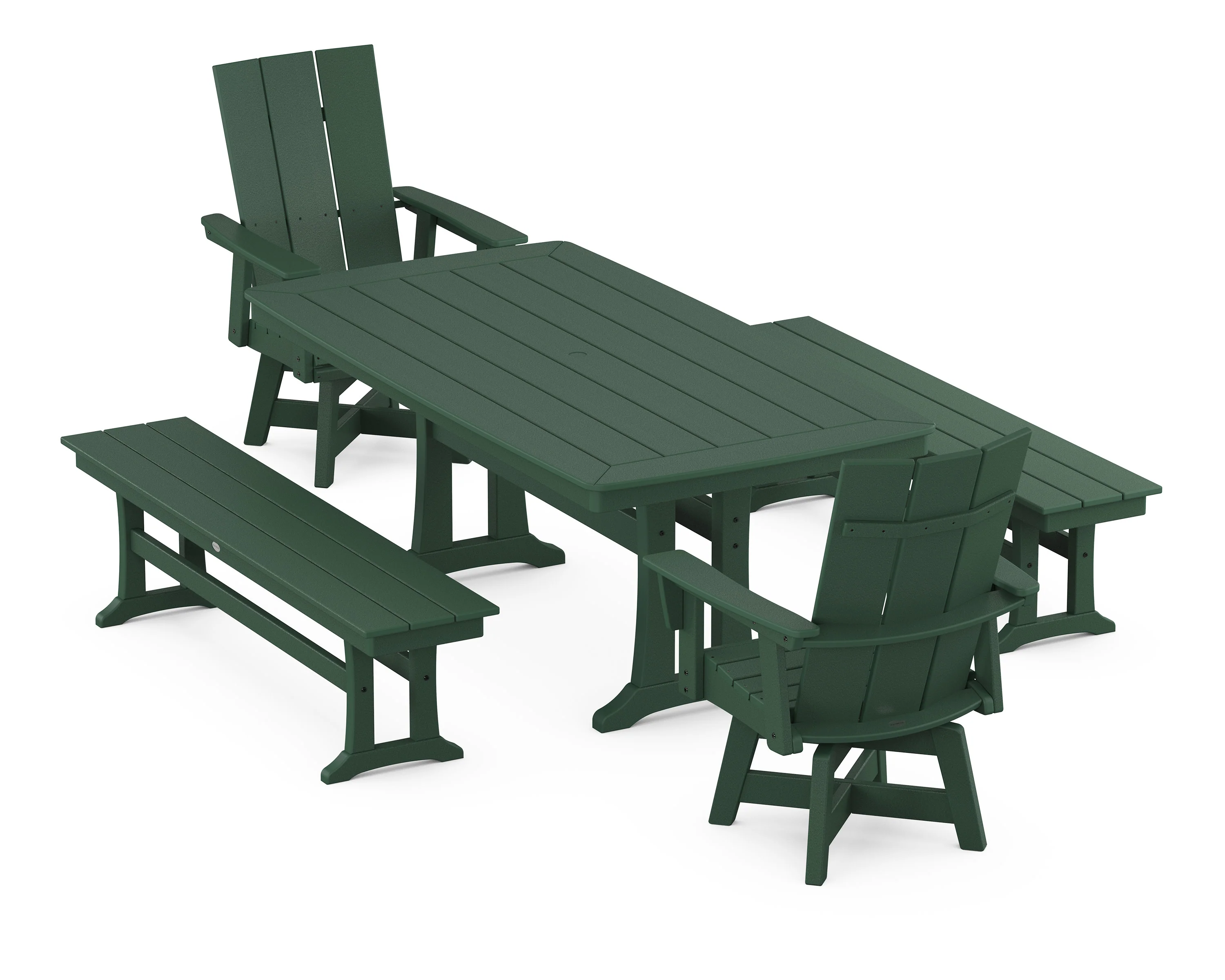 Modern Curveback Adirondack Swivel Chair 5-Piece Dining Set with Trestle Legs and Benches - Image 5