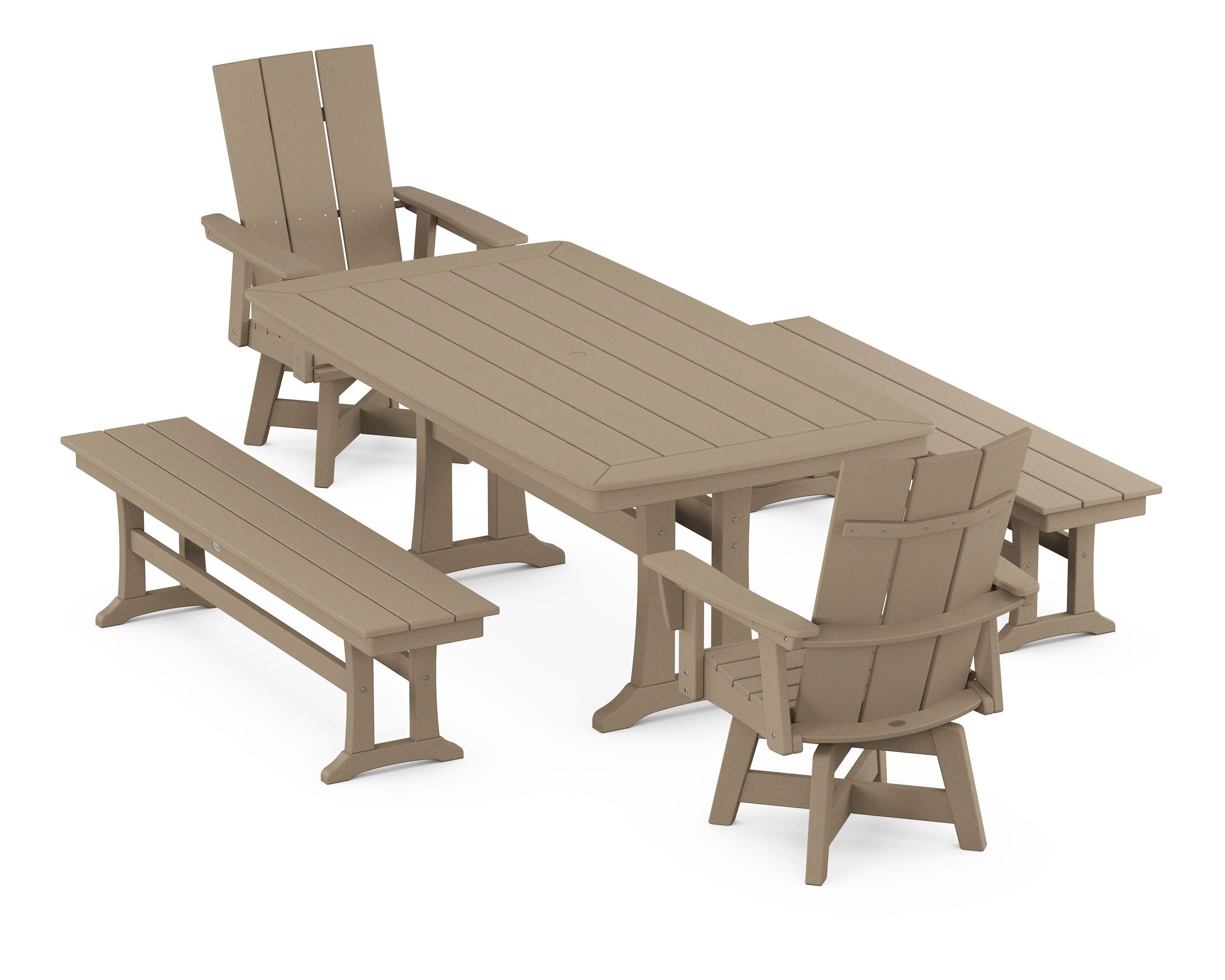 Modern Curveback Adirondack Swivel Chair 5-Piece Dining Set with Trestle Legs and Benches - Image 7