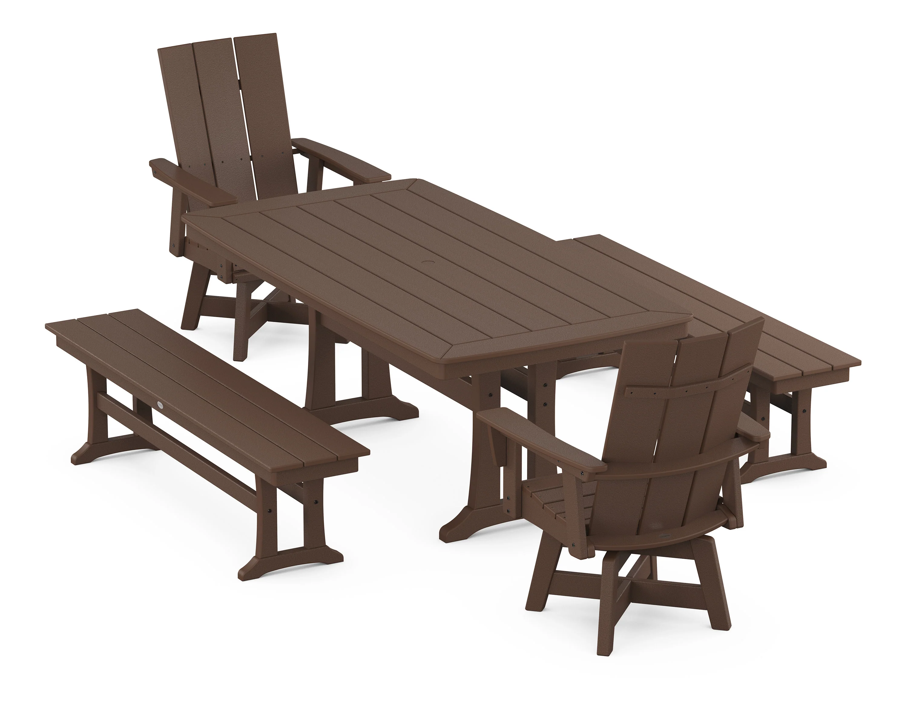 Modern Curveback Adirondack Swivel Chair 5-Piece Dining Set with Trestle Legs and Benches - Image 8
