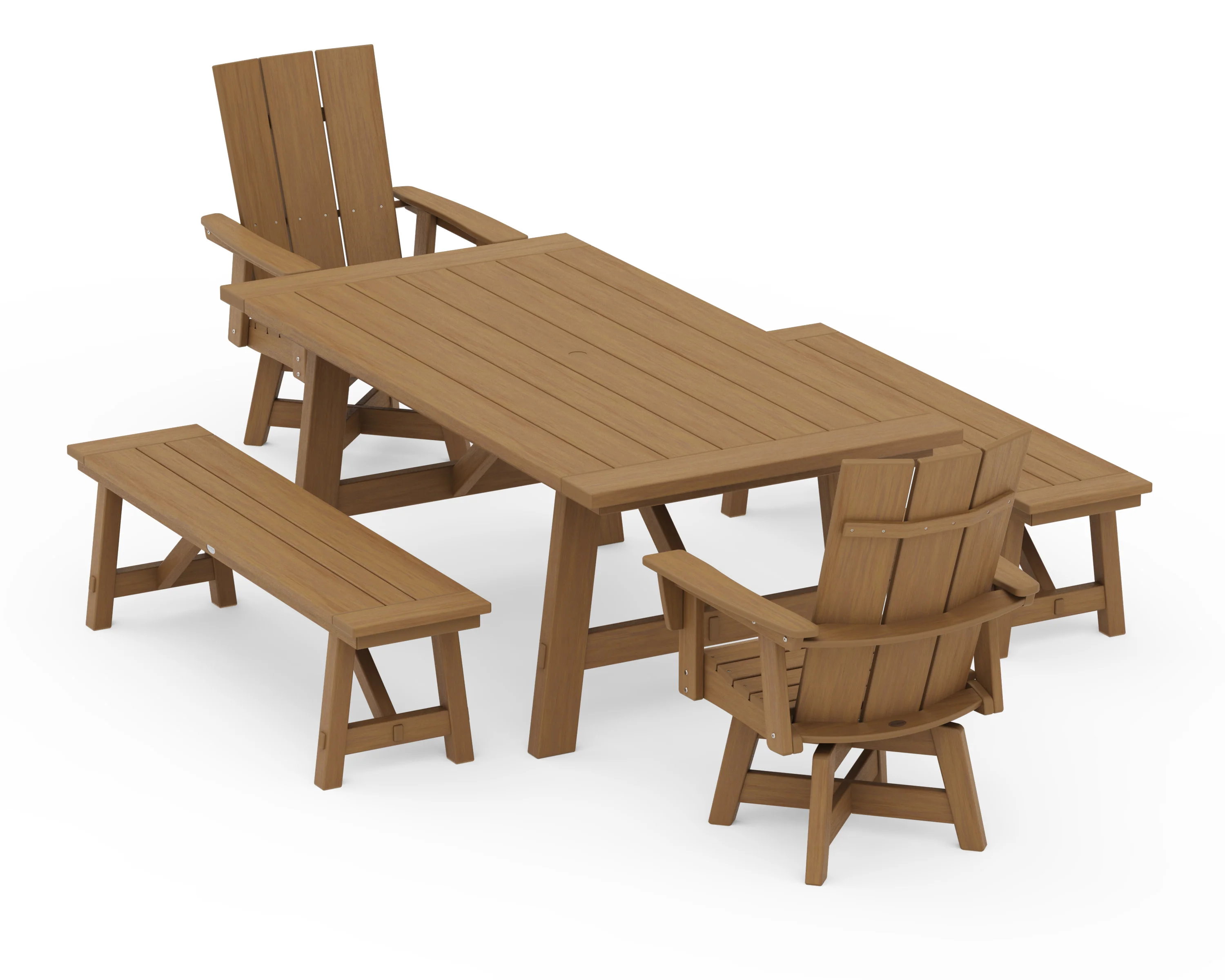 Modern Curveback Adirondack Swivel Chair 5-Piece Rustic Farmhouse Dining Set With Benches - Image 15