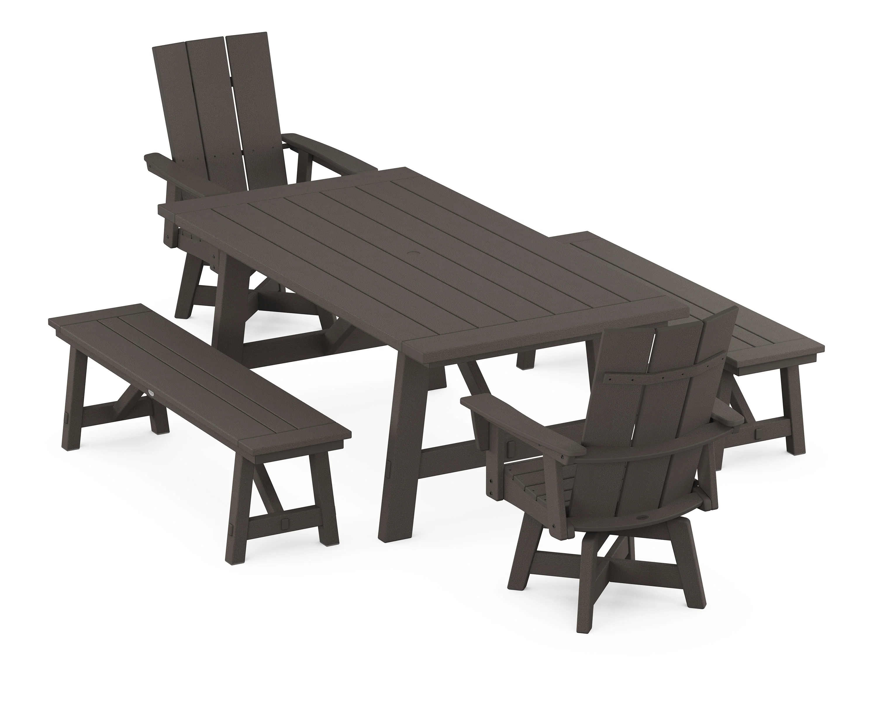 Modern Curveback Adirondack Swivel Chair 5-Piece Rustic Farmhouse Dining Set With Benches - Image 9