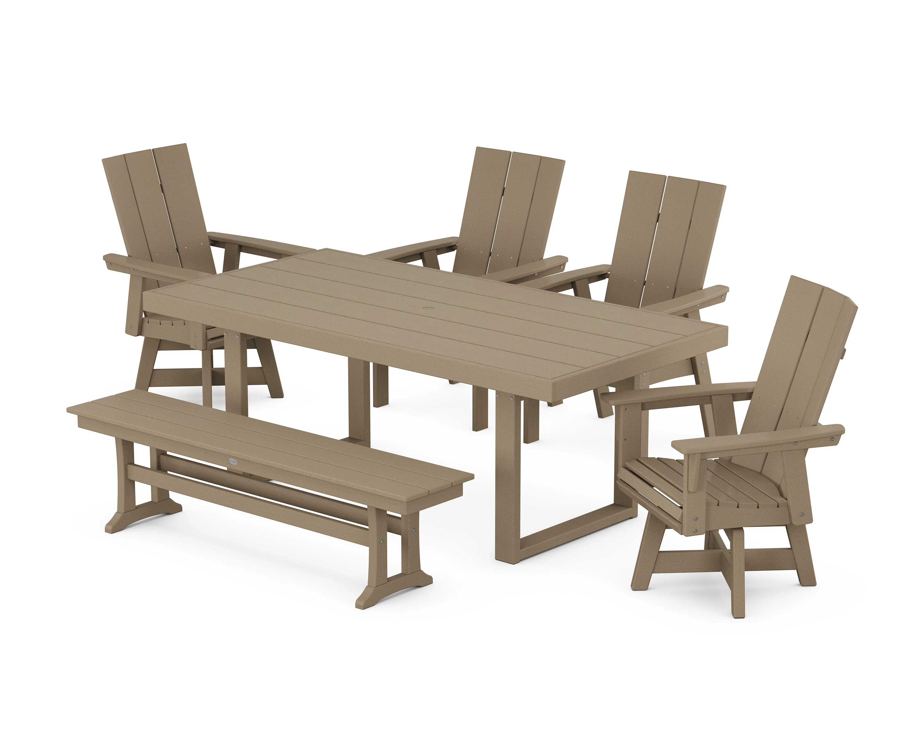 Modern Curveback Adirondack Swivel Chair 6-Piece Dining Set with Bench - Image 7