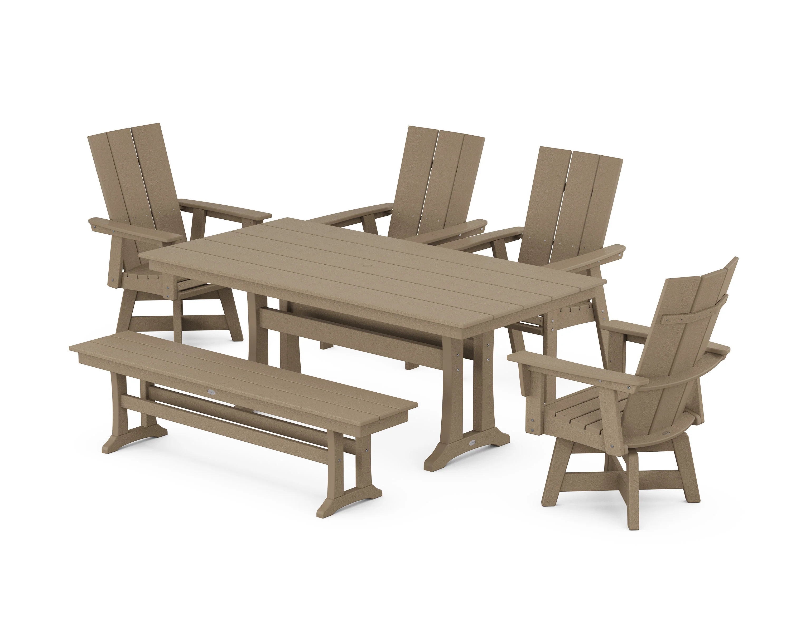 Modern Curveback Adirondack Swivel Chair 6-Piece Farmhouse Dining Set With Trestle Legs and Bench - Image 7
