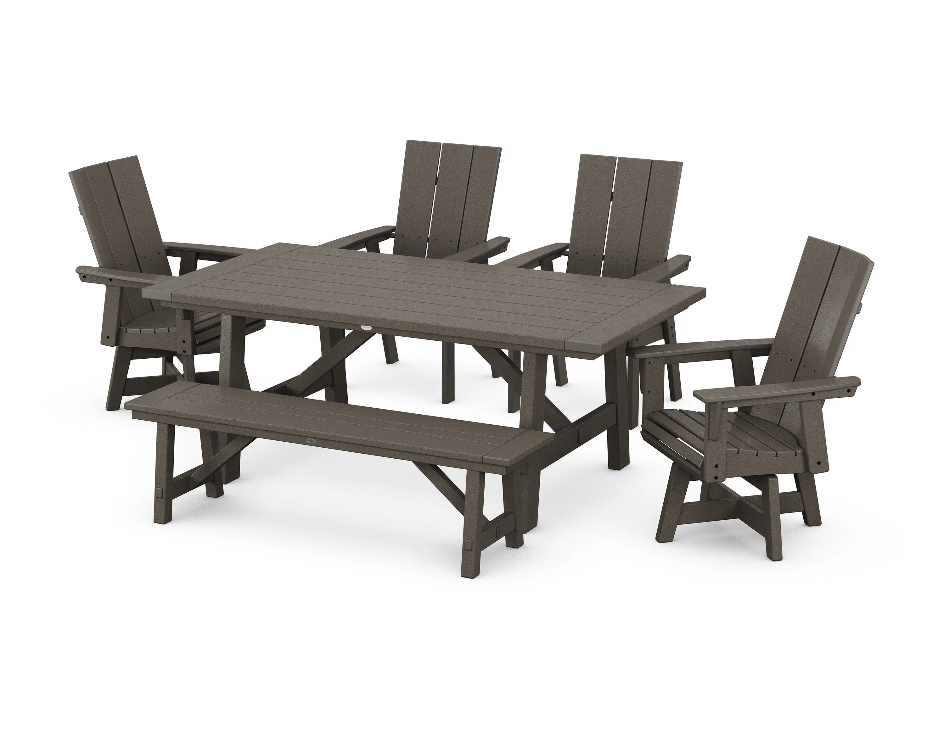 Modern Curveback Adirondack Swivel Chair 6-Piece Rustic Farmhouse Dining Set with Bench - Image 11